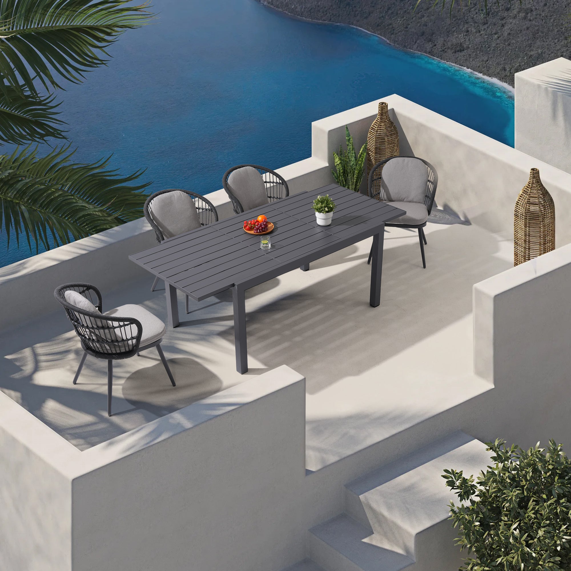 Comino Aluminum Outdoor Dining Set for 4-8 with Extendable Table, 59'' to 83''