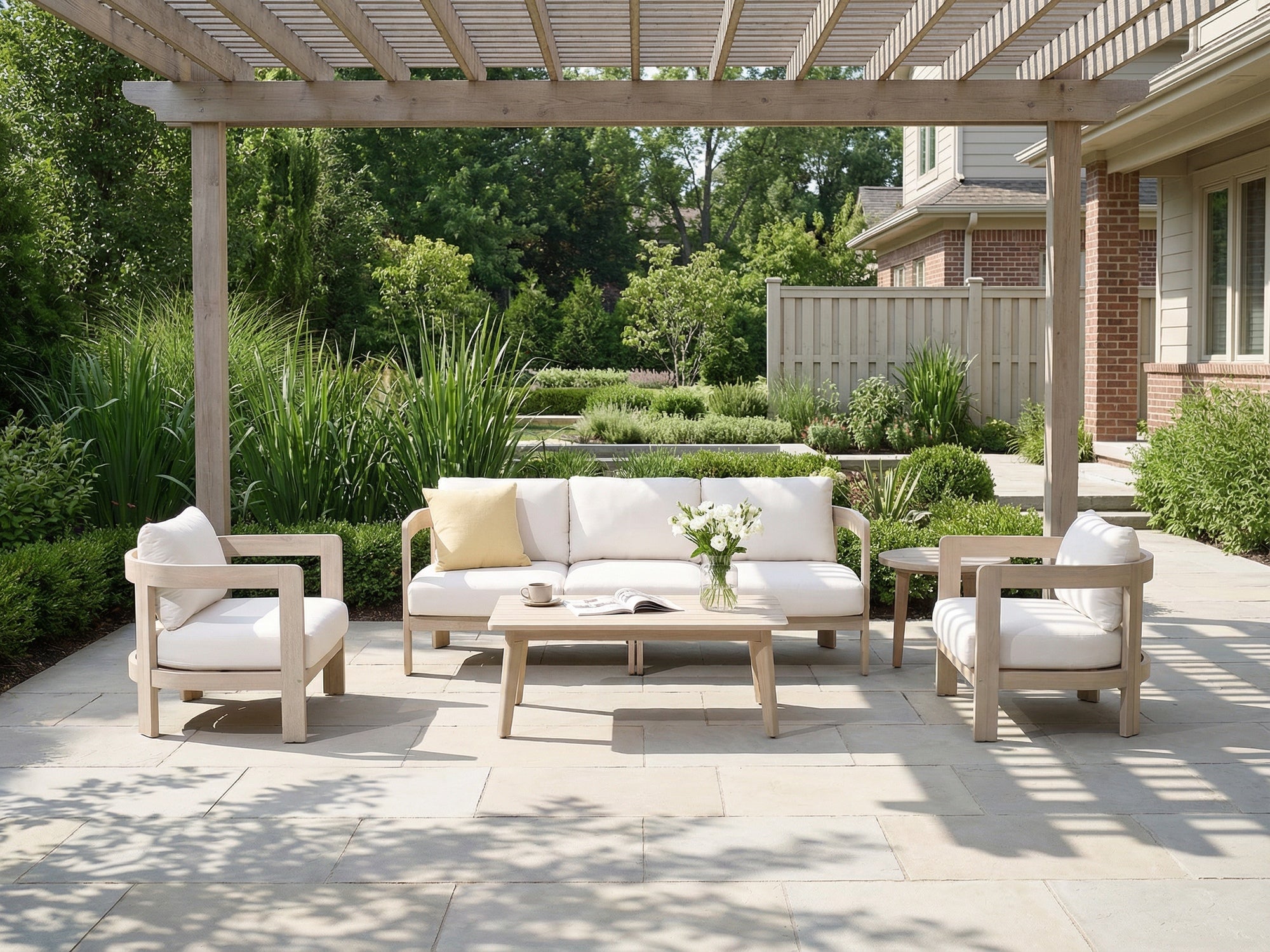 4-pc acacia wood Outdoor patio furniture conversation set with cushions under a pergola - Jardina Modern Premium Outdoor Patio Furniture Sets