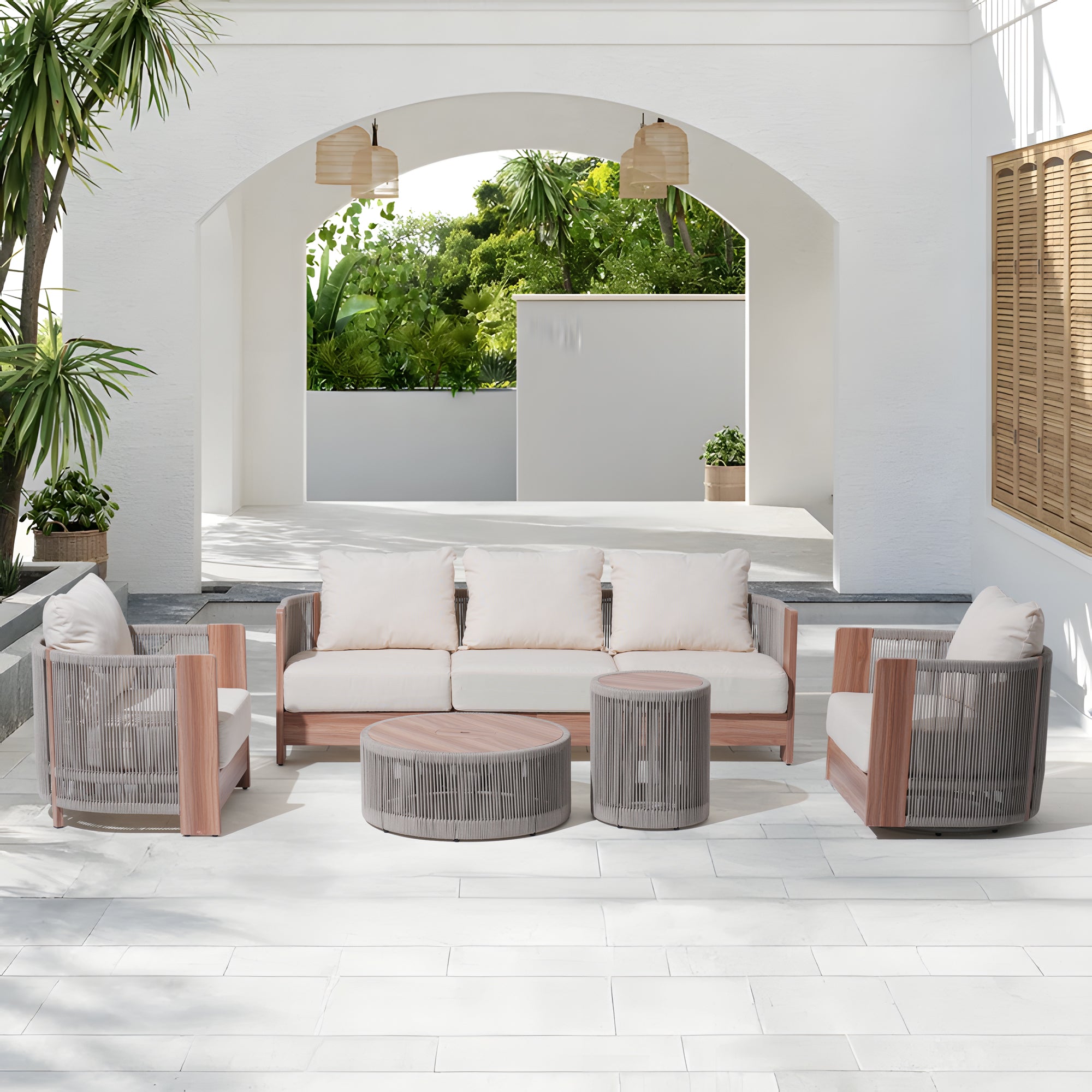 Irati 5 seats Outdoor conversation Set with a side Table and a round coffee table, Built-in Storage Space,rope design - Jardina Premium Modern Outdoor Patio Furniture#Style_5-pc Sofa Set