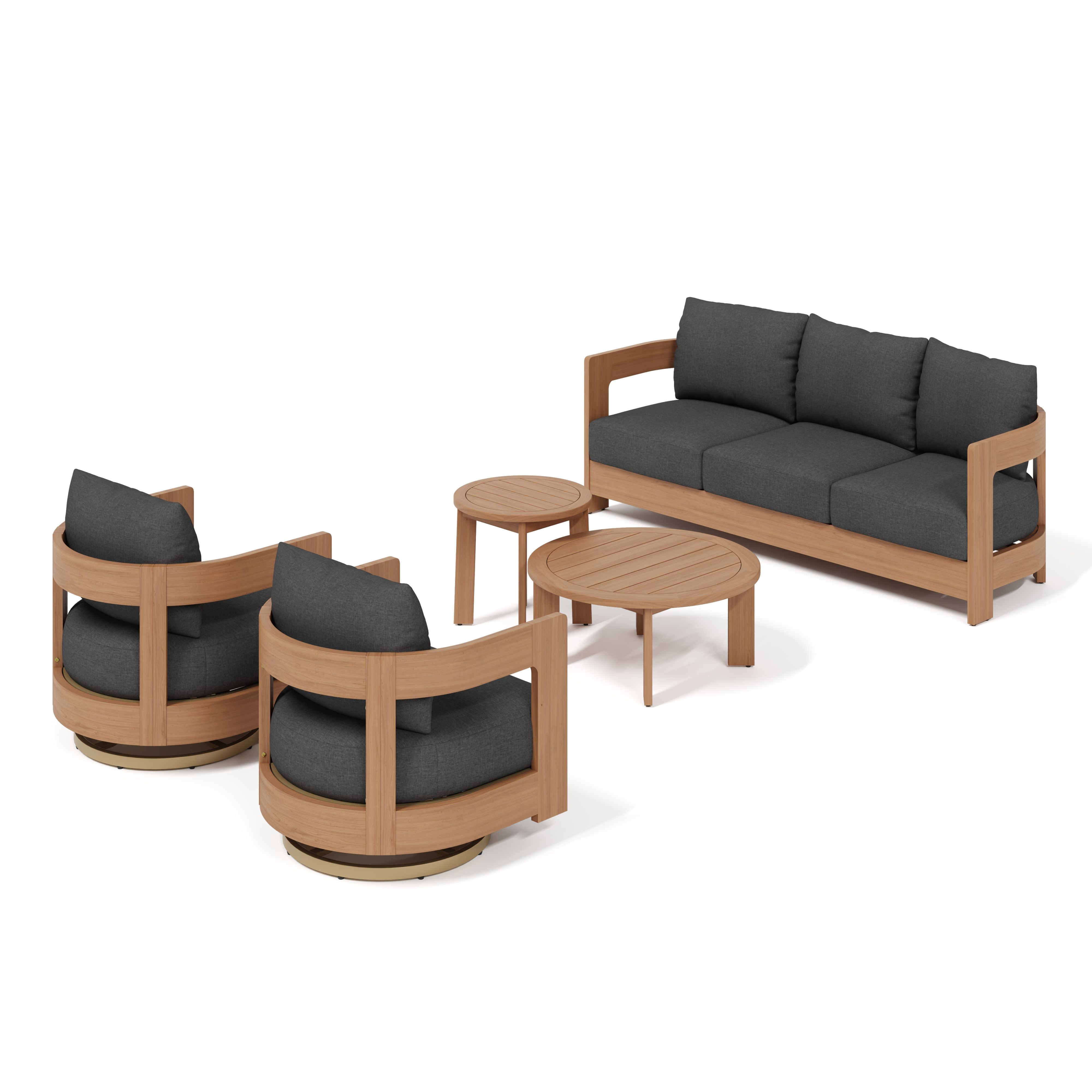 Sova Eucalyptus Wood Outdoor Conversation Set with Swivel Chairs & Two Tables, Black Cushions