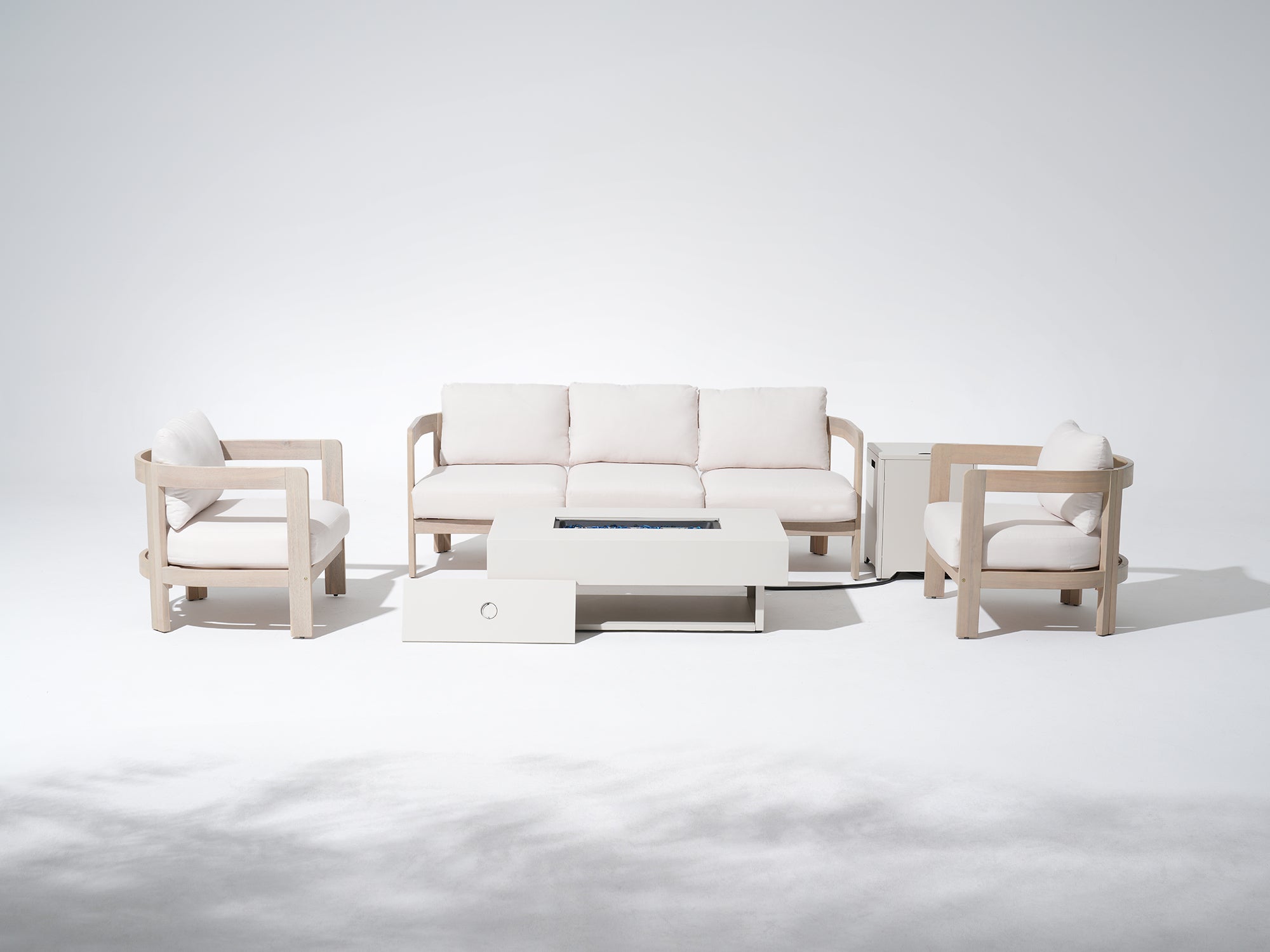 White acacia wood outdoor furniture fire pit set with sofa, chairs, and table - Jardina Modern Premium Outdoor Patio Furniture Sets