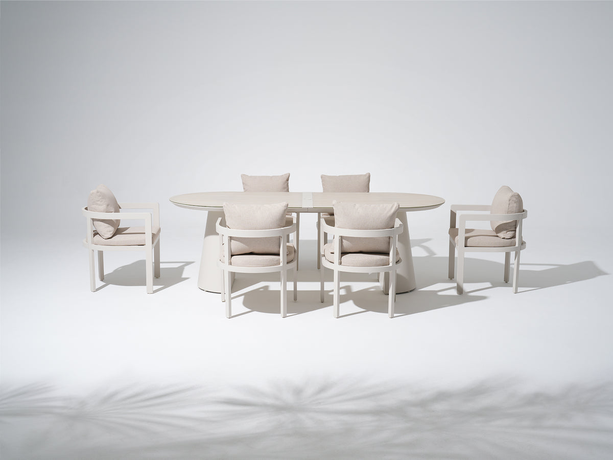 Sova Aluminum Outdoor Dining Set For 6 with Umbrella Hole, Oyster White Frame & Tempered Glass Tabletop