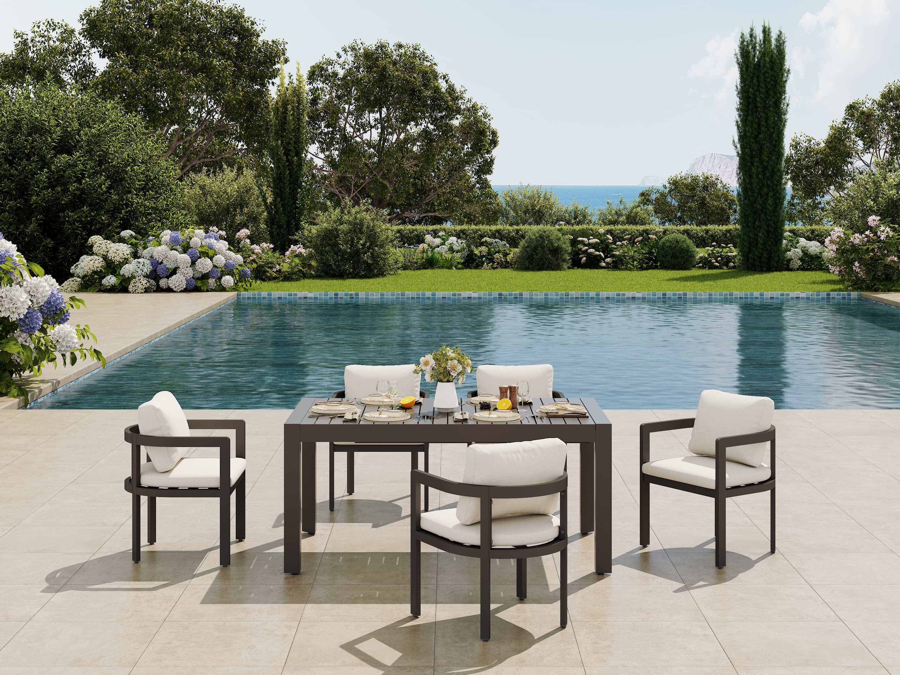 Sova Outdoor Aluminum Dining Set for 6-10 People, Charcoal Frame, Extendable Table