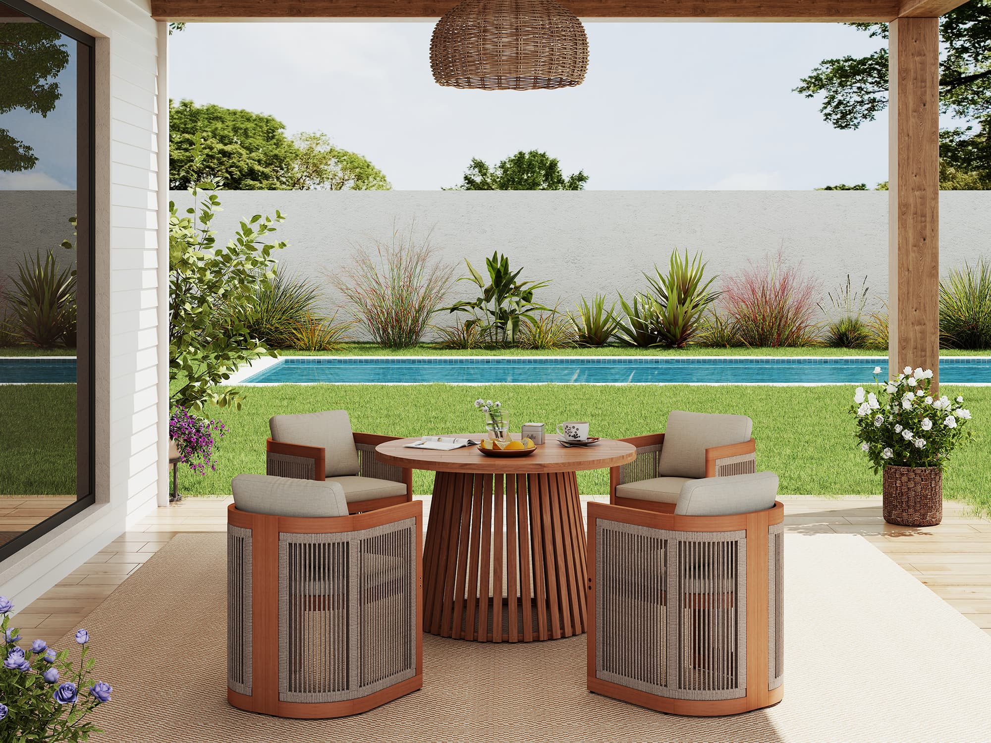 acacia wood outdoor patio dining set for 4 with round table and rope design chairs - Jardina Premium Modern Outdoor Dining Furniture