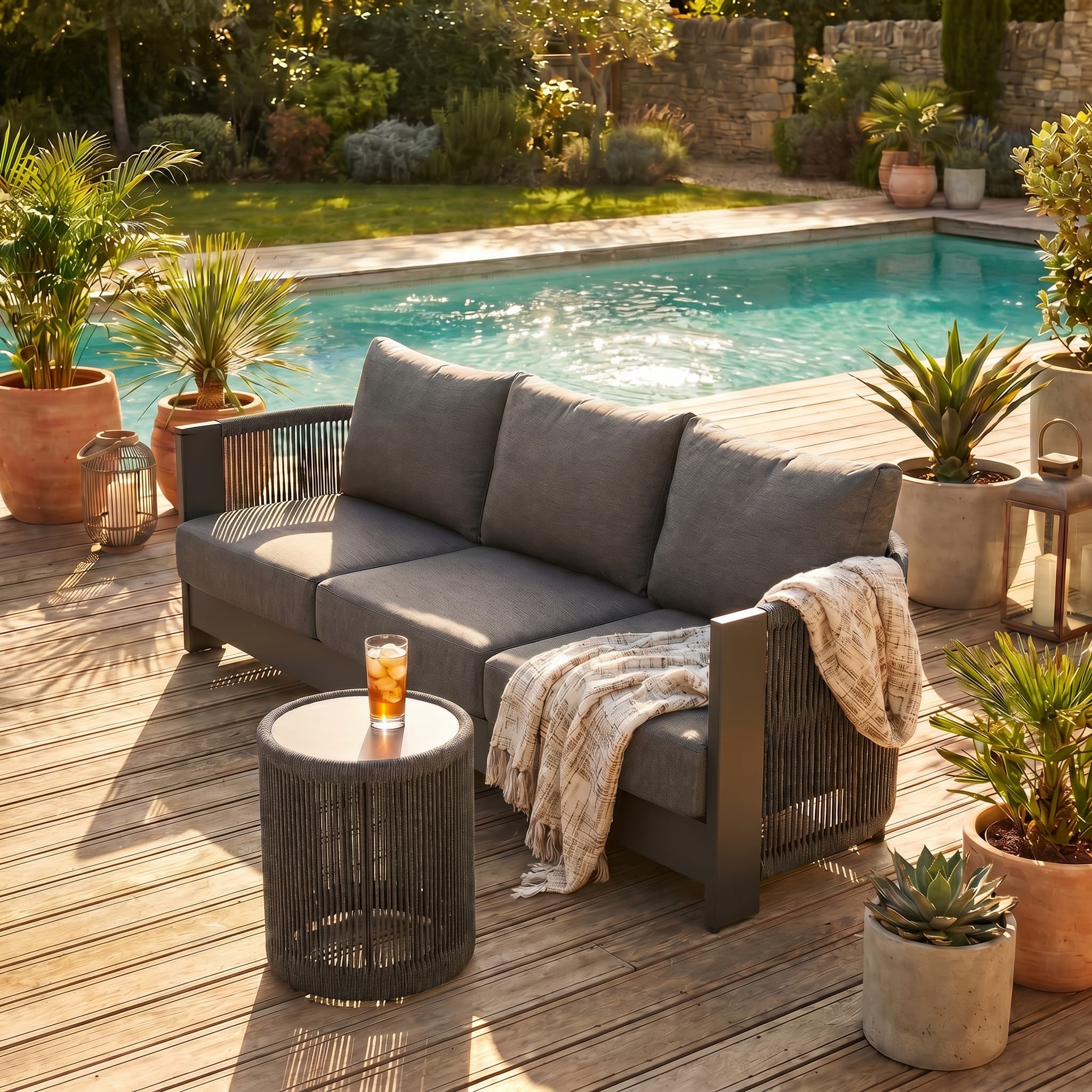 Irati Aluminum and Rope Outdoor Furniture set, a round Side Table, Weather-Resistant Patio 3-seat sofa, Dark Grey - Jardina Modern Premium Outdoor Patio Furniture