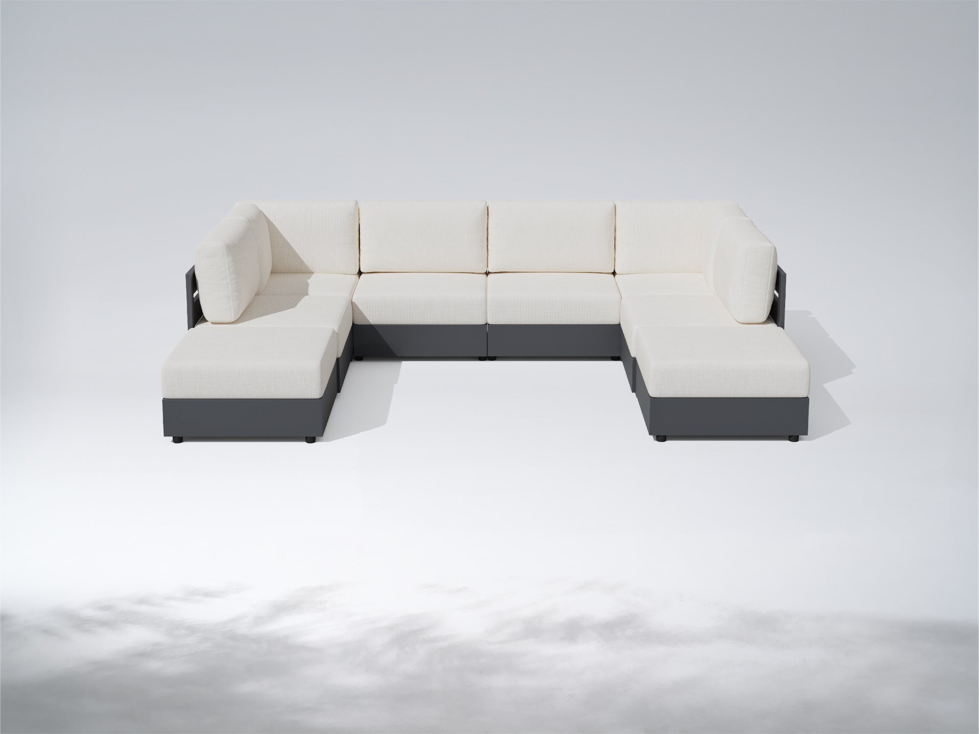 A modern sectional sofa with cream-colored cushions and a dark gray frame, shown on a light gray studio background. #config_U‑Shape with Ottomans
