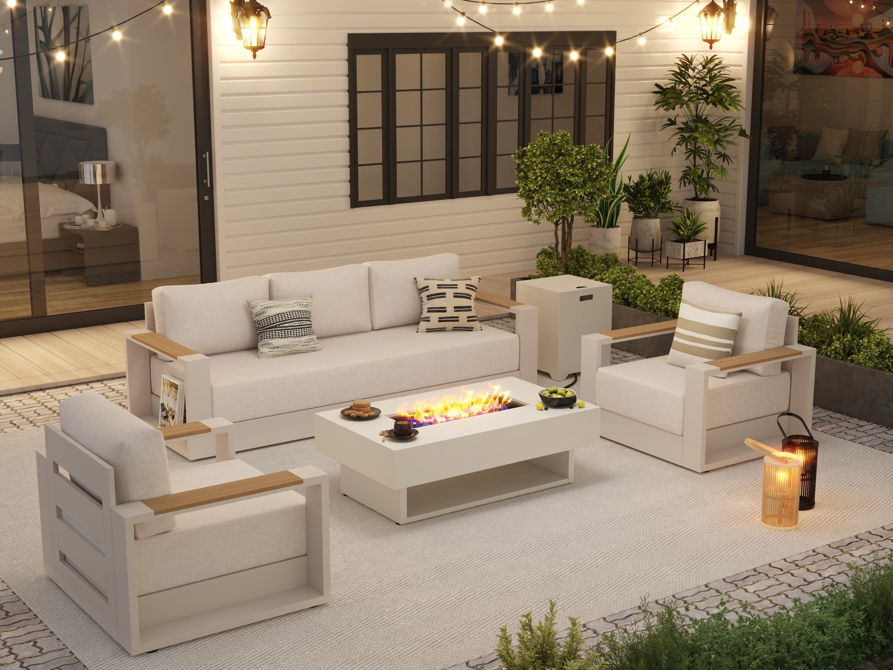 Addison Oyster White Aluminum Outdoor Conversation Set with Fire Pit Table, Linen Olefin Cushion