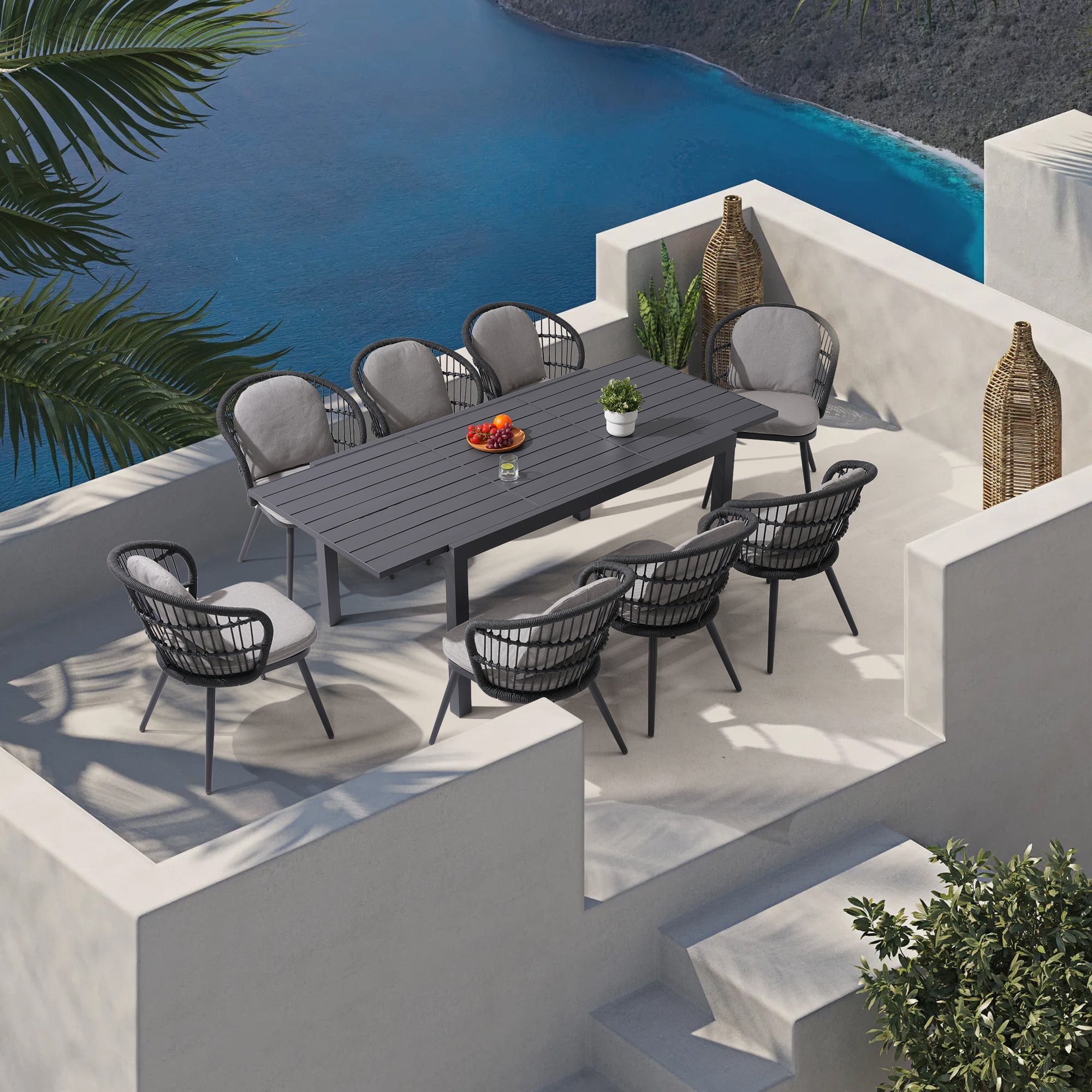 Comino Aluminum Outdoor Dining Set for 4-8 with Extendable Table, 59'' to 83''