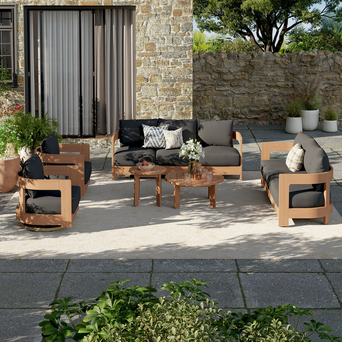 Sova Eucalyptus Wood Outdoor Conversation Set with Swivel Chairs & Two Tables, Black Cushions
