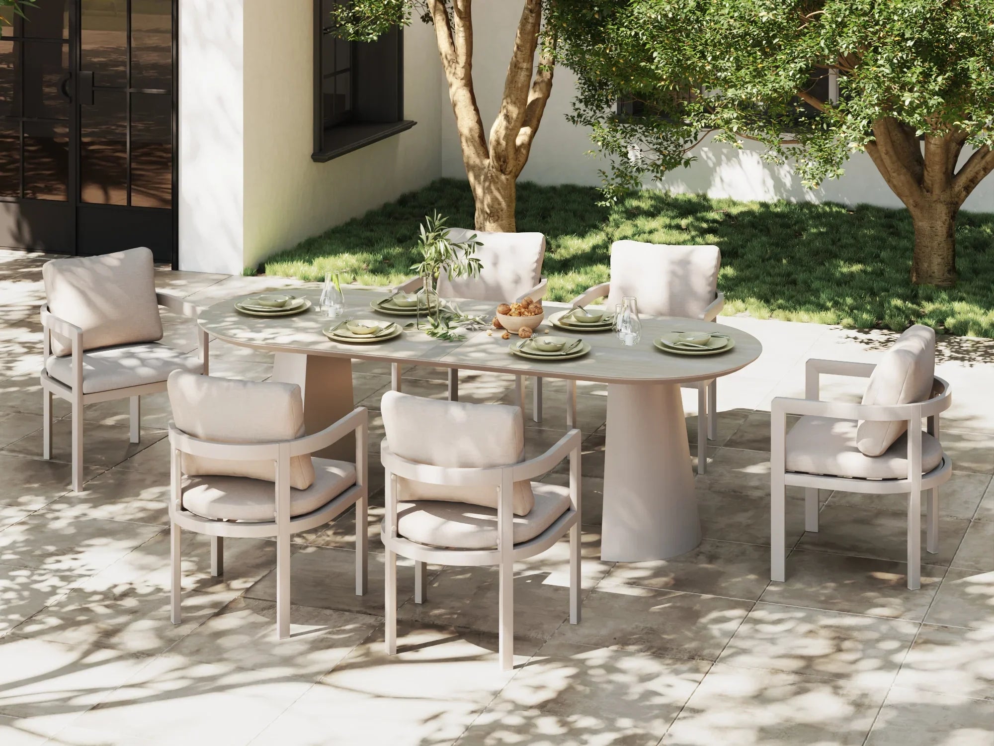 Outdoor Aluminum Dining set for 6 with umbrella hole, Light Beige Frame & Tempered Glass Tabletop - Jardina Premium Modern Outdoor Dining Furniture