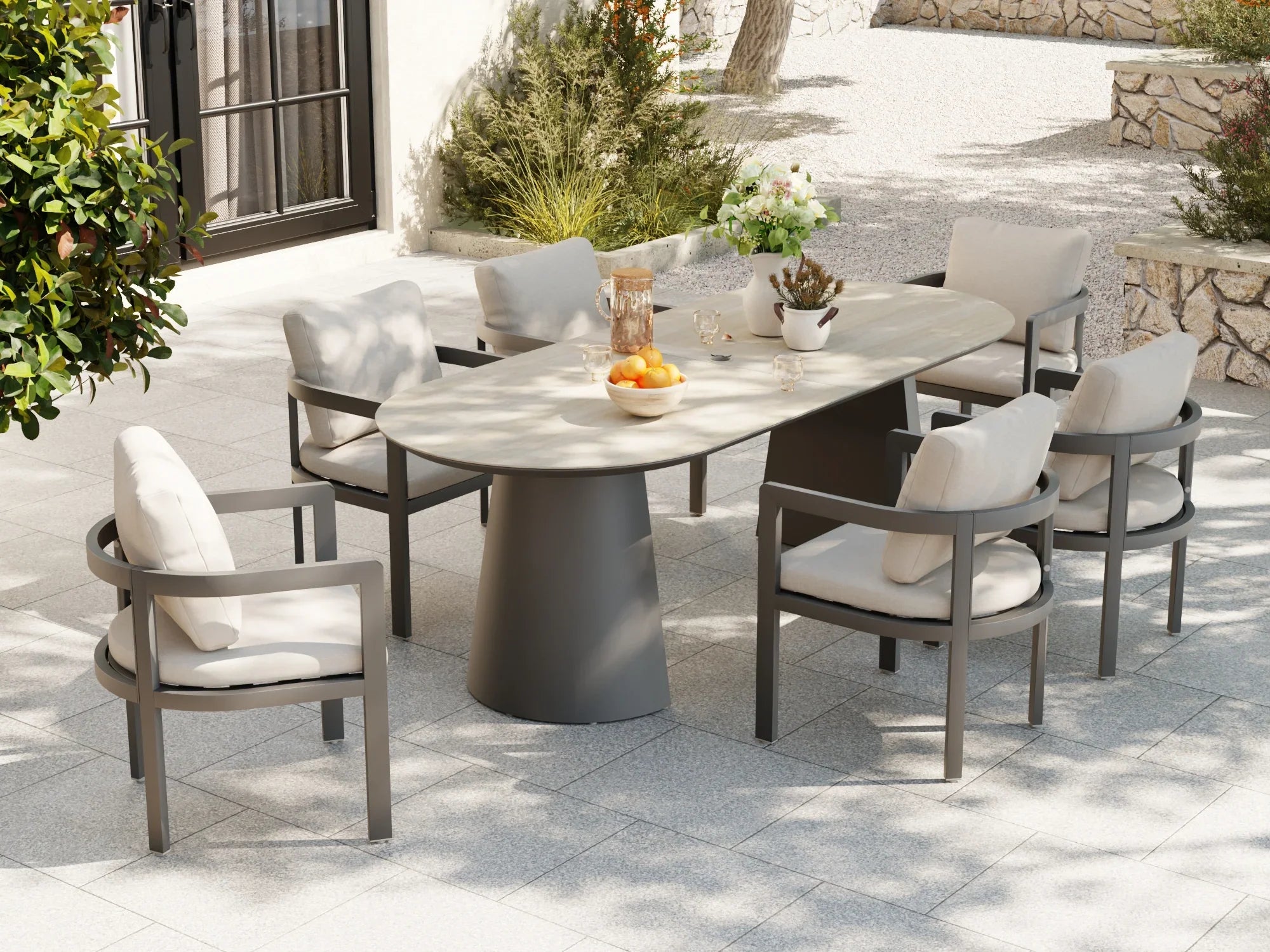 Outdoor Aluminum Dining set for 6 with umbrella hole, Dark Grey Frame & Tempered Glass Tabletop - Jardina Premium Modern Outdoor Dining Furniture