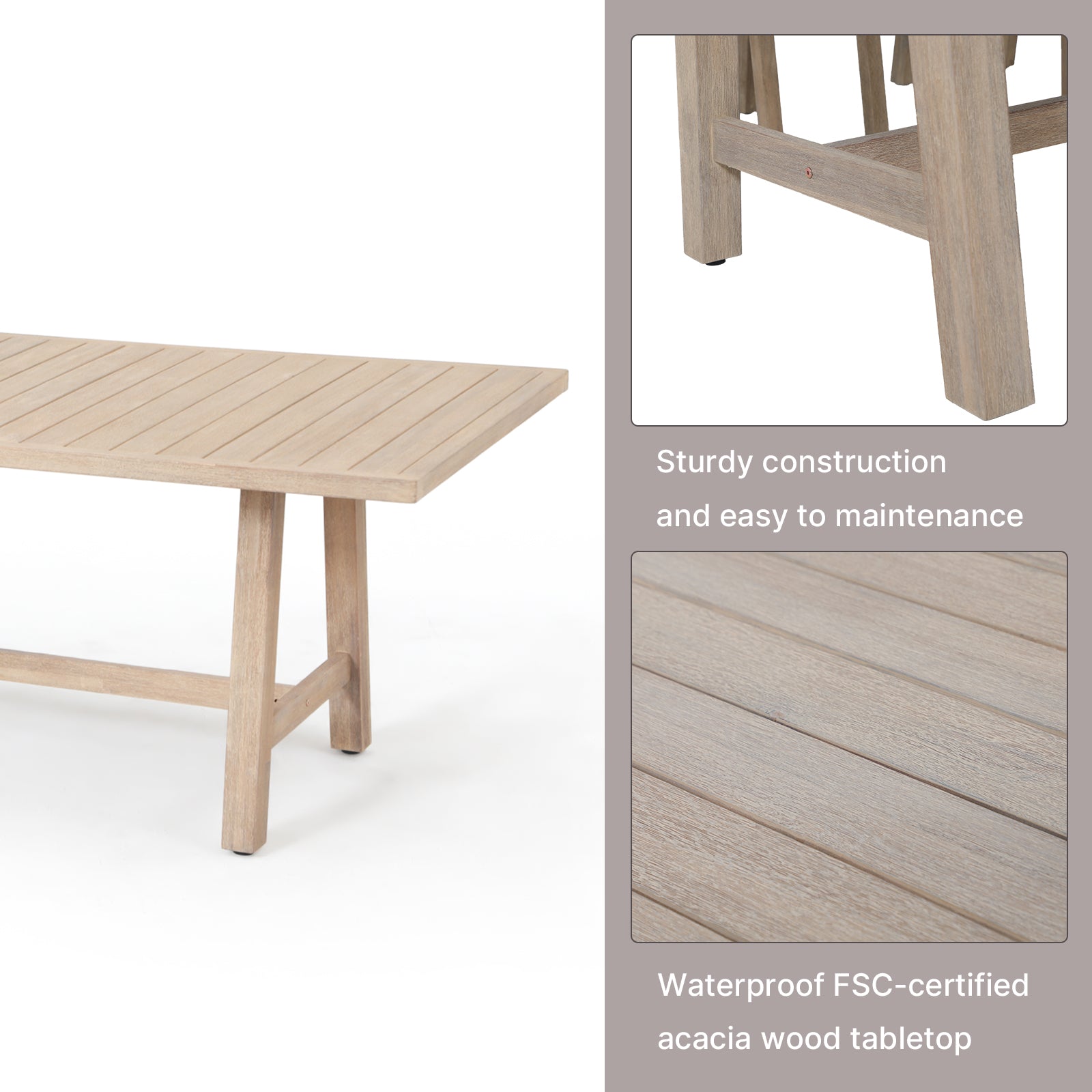 wood patio dining table, tabletop and leg detail - Jardina Modern Premium Outdoor Patio Furniture