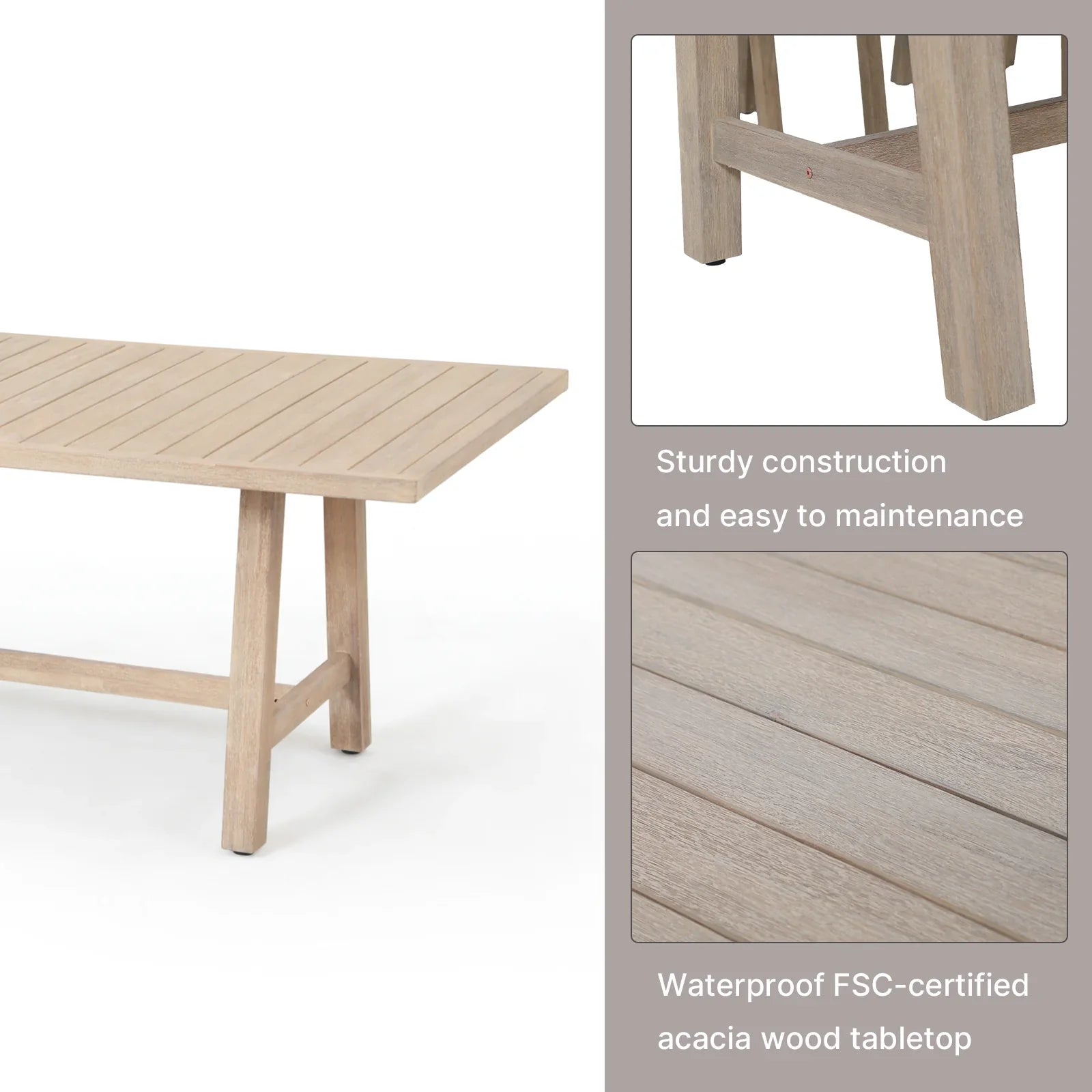 wood patio dining table, tabletop and leg detail - Jardina Modern Premium Outdoor Patio Furniture