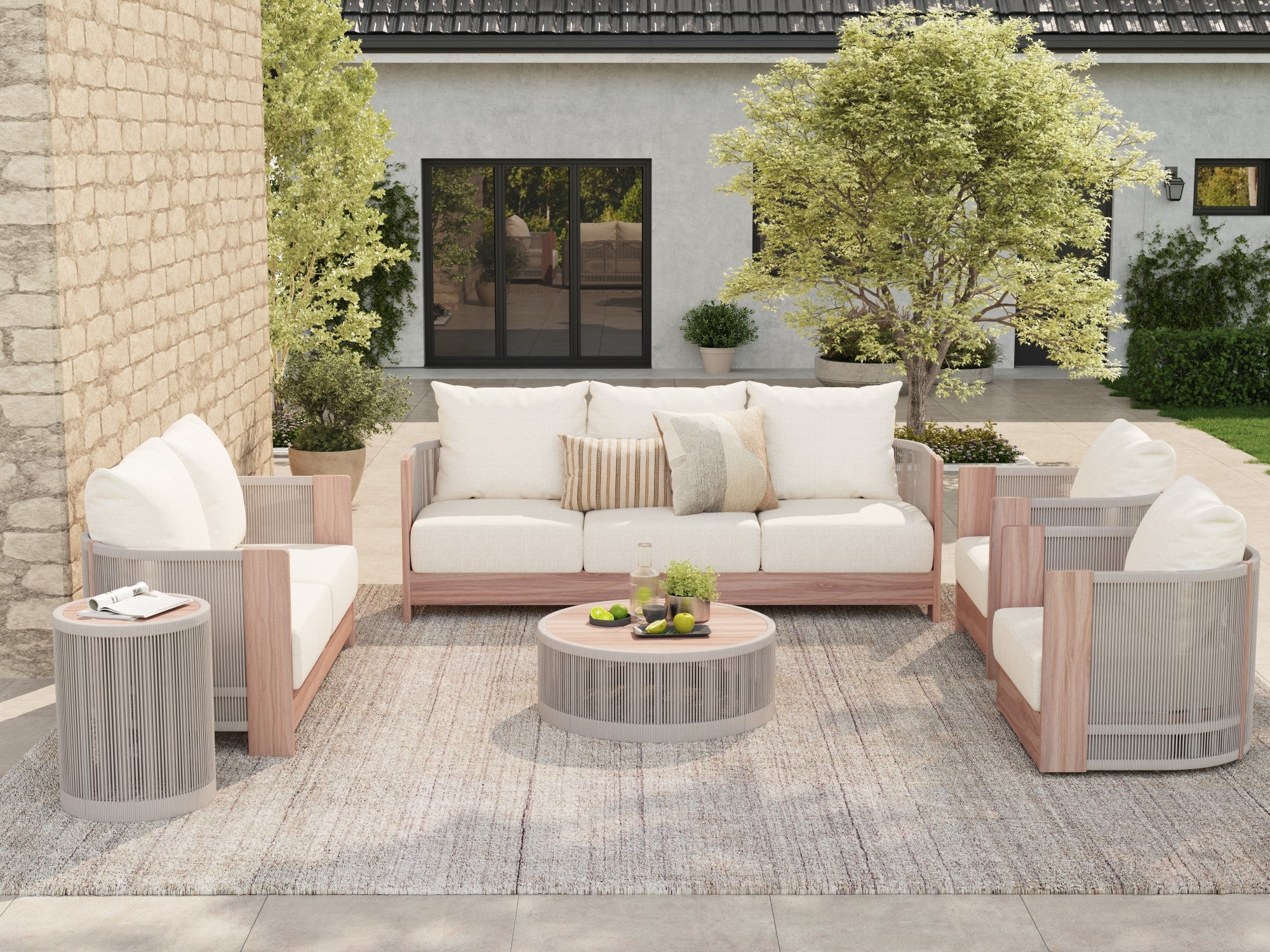 Irati Rope Outdoor Seating Set with 2 Tables, Built-in Storage Space - Jardina Premium Modern Outdoor Patio Furniture