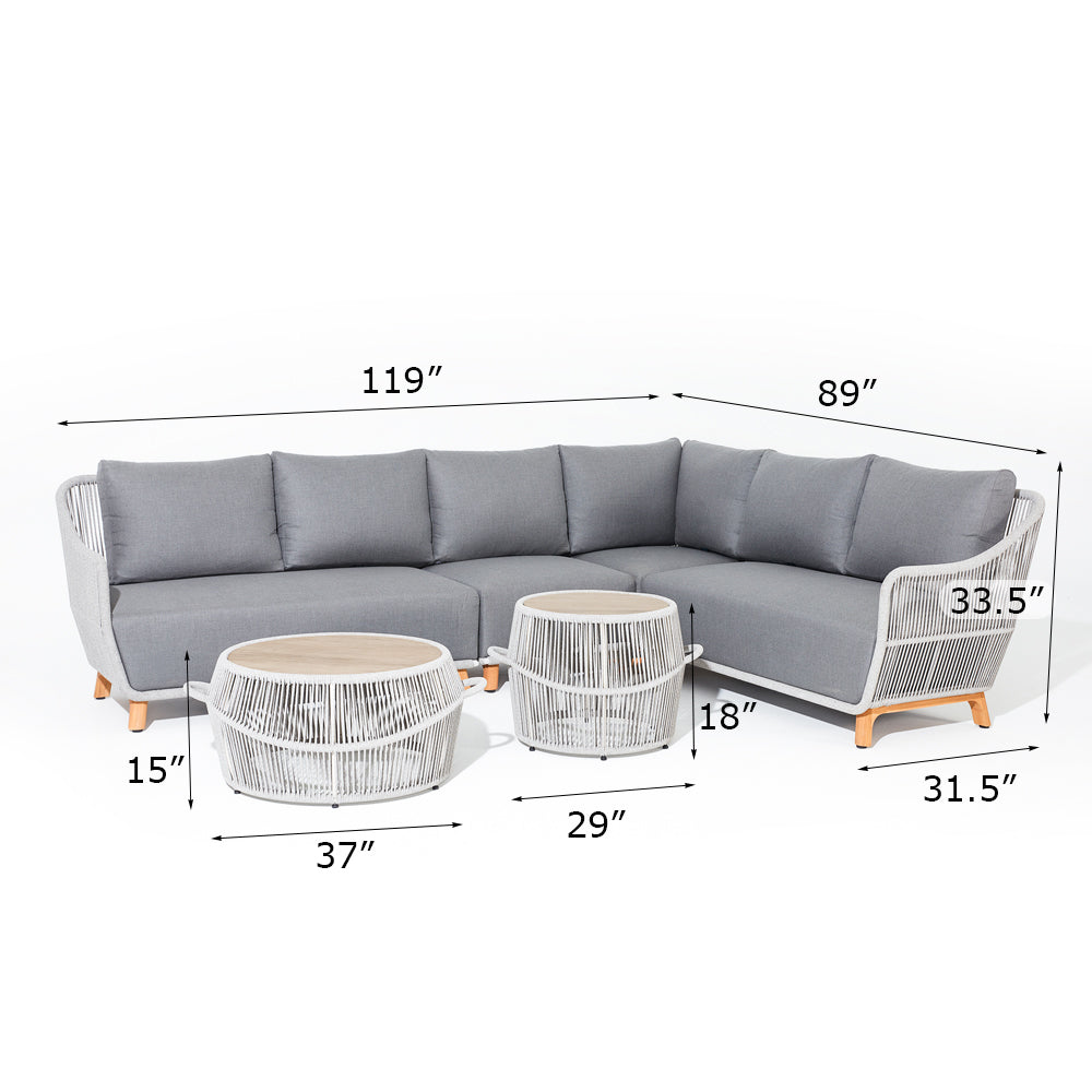 Plena L-Shaped Outdoor Sectional Set - Teak Wood & Handwoven Rope, Gray