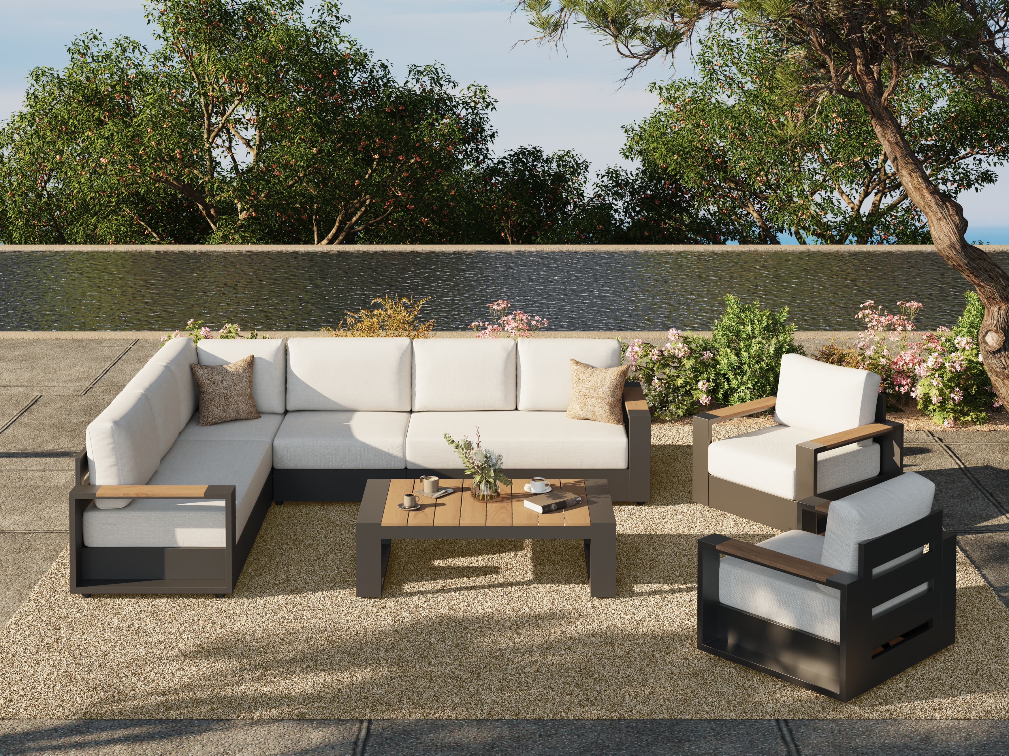 Addison Modular Outdoor Sectional Sofa Set with Swivel Chairs, Dark Grey Aluminum
