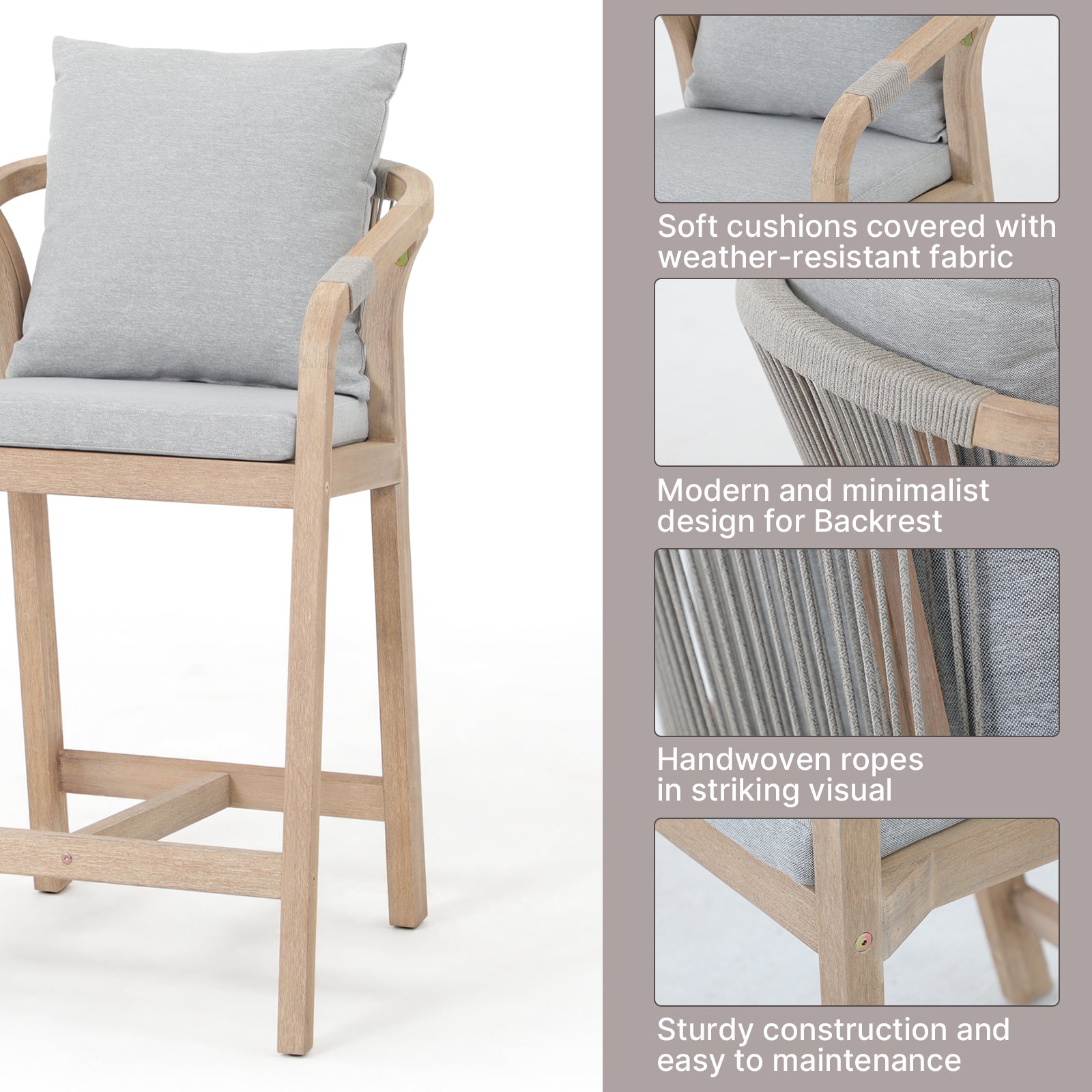 Wooden Outdoor Patio Bar height chairs with gray cushions, detail - Jardina Premium Modern Outdoor Patio Furniture