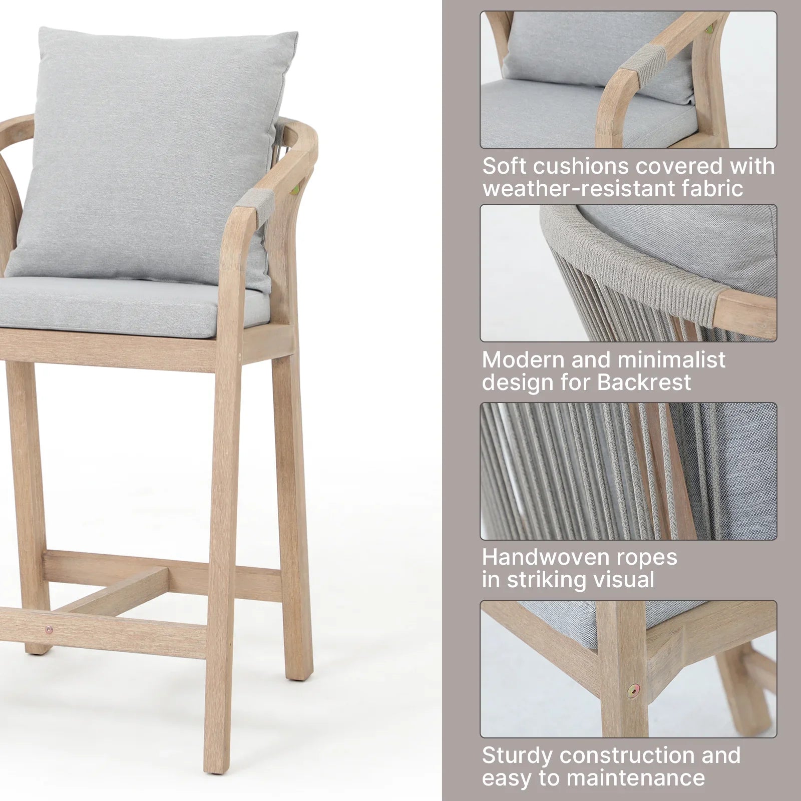Wooden Outdoor Patio Bar height chairs with gray cushions, detail - Jardina Premium Modern Outdoor Patio Furniture