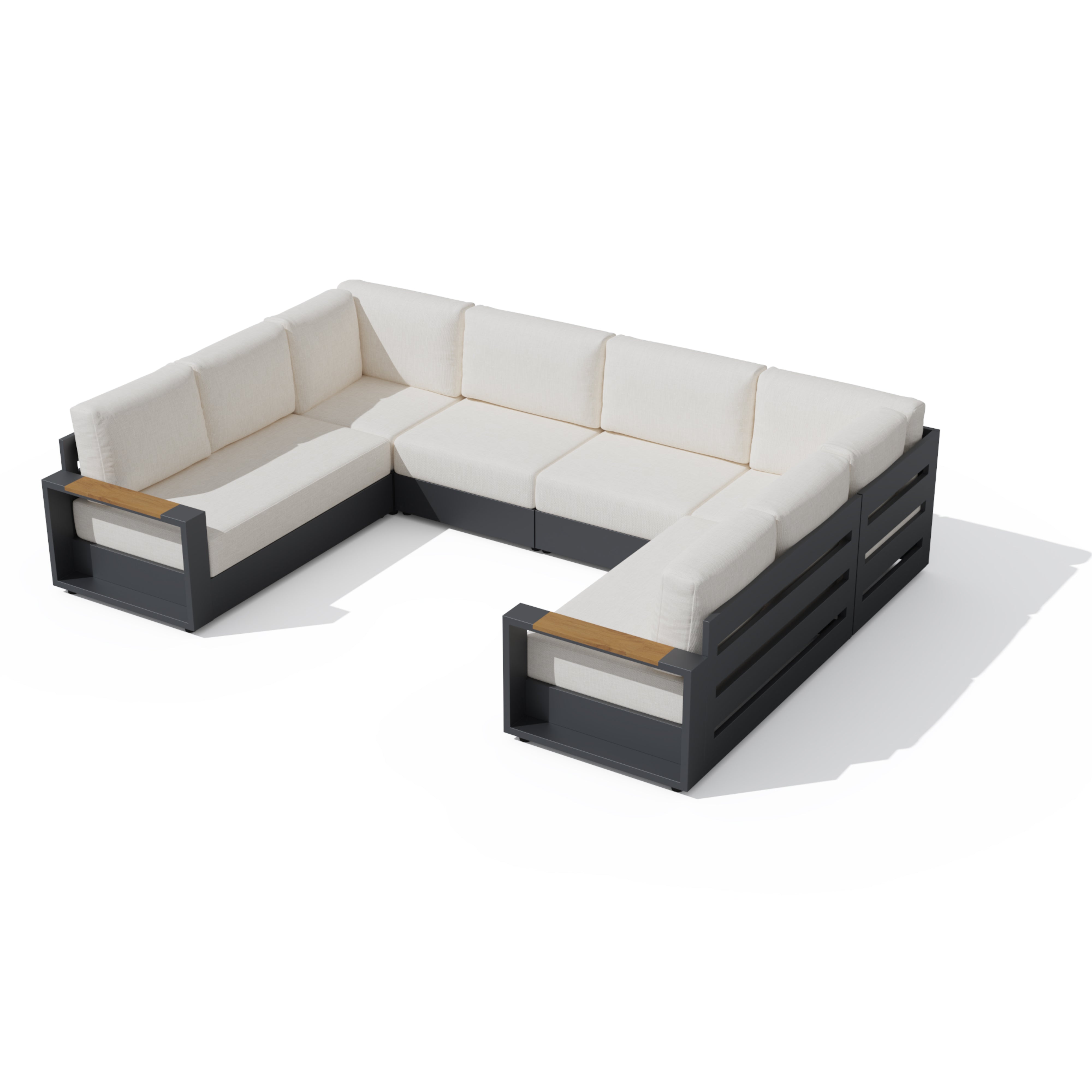 An outdoor sectional sofa with off-white cushions and a dark charcoal gray frame, featuring a light wood accent panel on the armrests, shown on a white background. #config_8-Seat U‑Shape