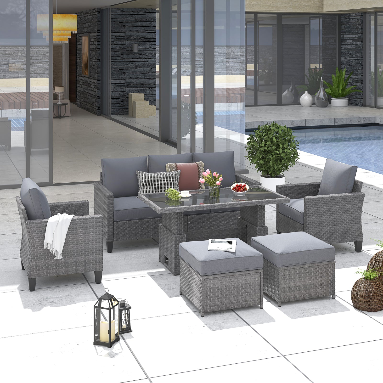 Ayia Wicker Outdoor Conversation Set with Ottomans & Lift-Top Table
