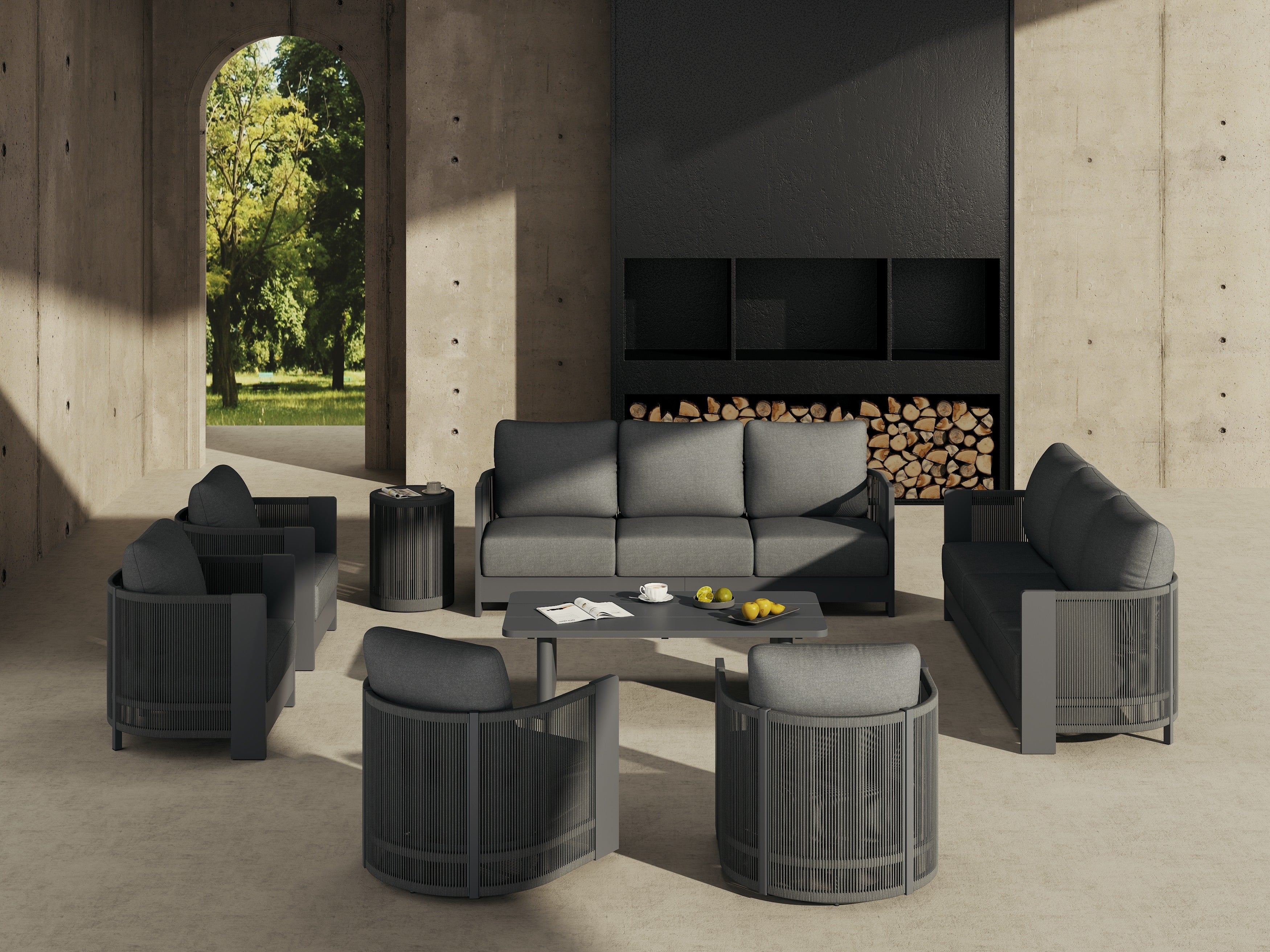 Irati 8 Piece Aluminum Rope Outdoor Seating Set, Swivel Chairs, Dark Grey Cushions, Mixed Tables