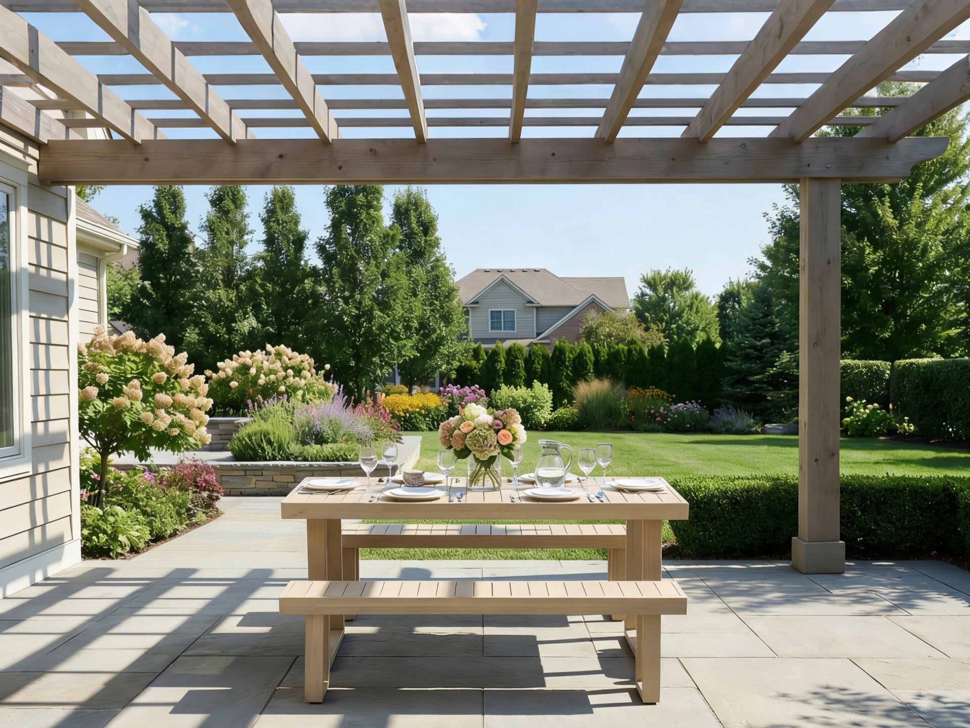 Outdoor furniture setting with a acacia wooden dining table and two benches under a pergola - Jardina Premium Modern Outdoor Dining Furniture