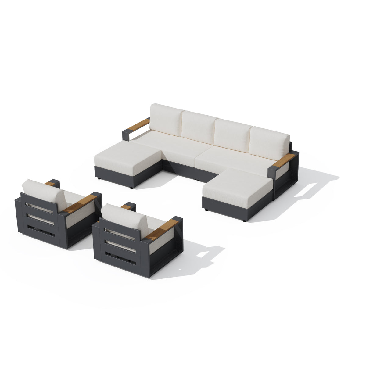 Outdoor sectional sofa set with two matching armchairs, featuring off-white cushions and dark gray frames with light wood arm accents, shown on a white background. #config_U‑Sofa + 2 Swivels