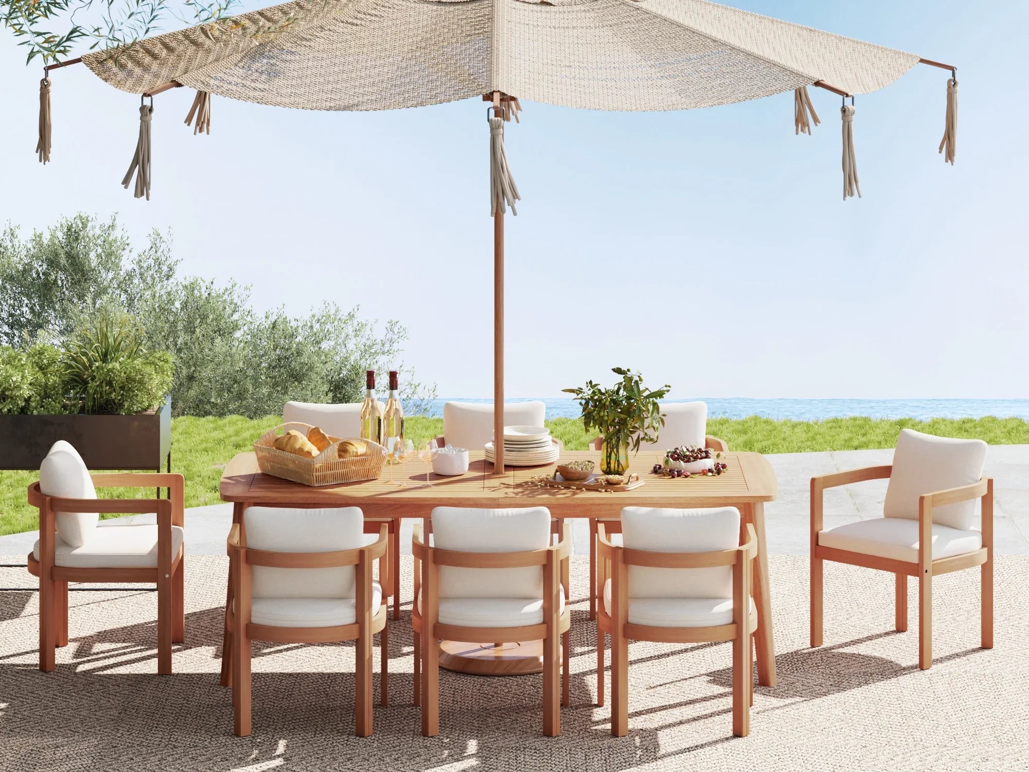 acacia wood Outdoor dining set for 8 with table, chairs, and umbrella on a patio with ocean view - Jardina Premium Modern Outdoor Dining Furniture#Size_83''