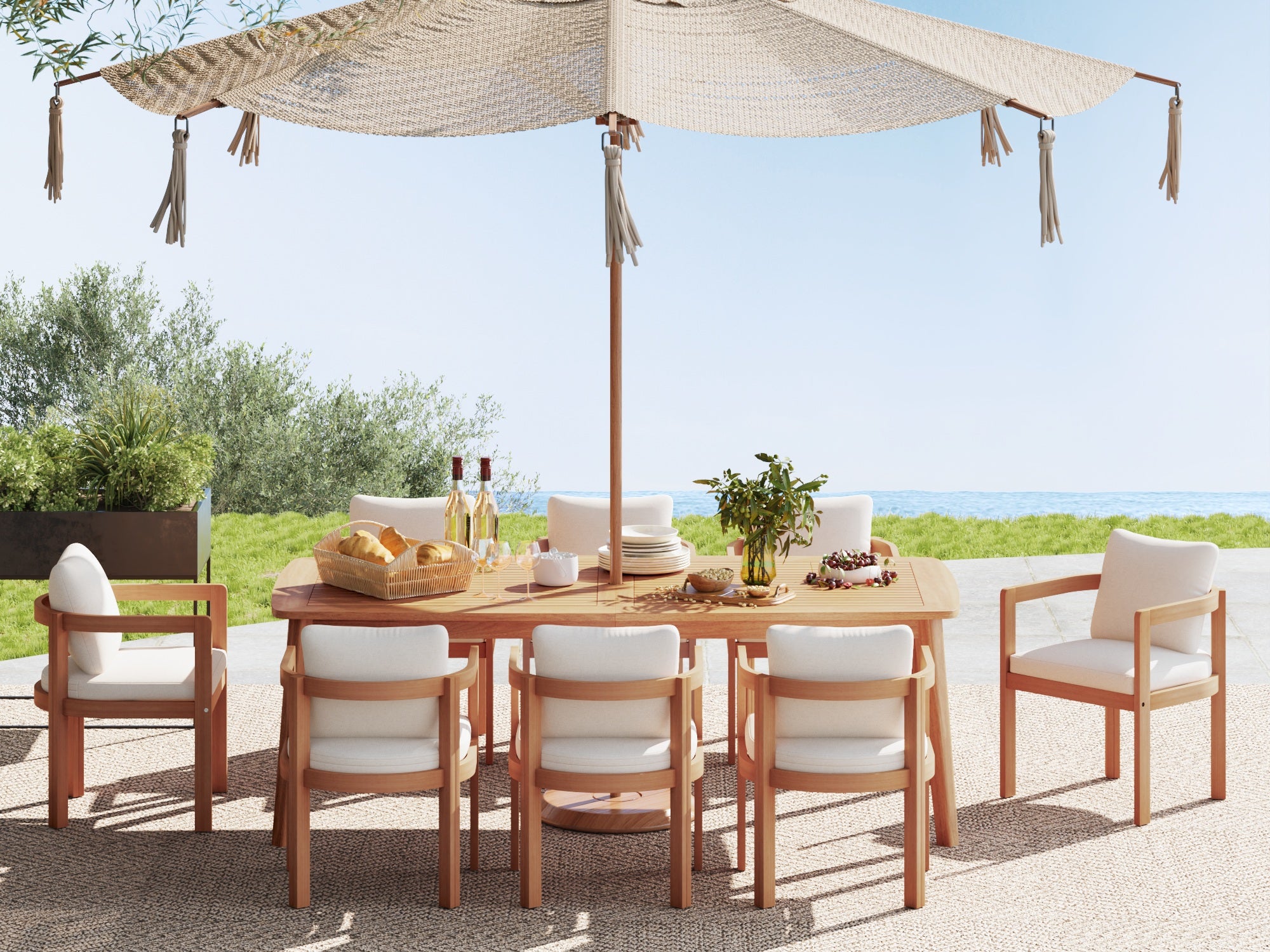 acacia wood Outdoor dining set for 8 with table, chairs, and umbrella on a patio with ocean view - Jardina Premium Modern Outdoor Dining Furniture#Size_83''