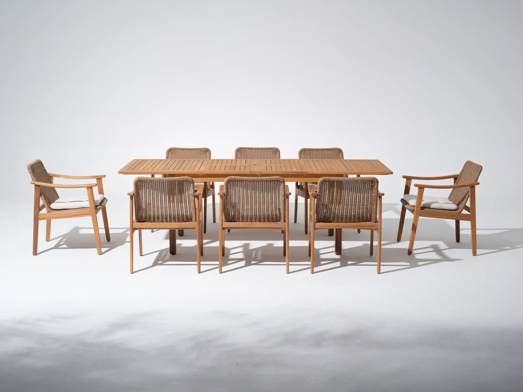 Extendable acacia wood Outdoor Dining Set with Umbrella Hole for 8, Woven textures, 63"- 94" table - Jardina Premium Modern Outdoor Dining Furniture