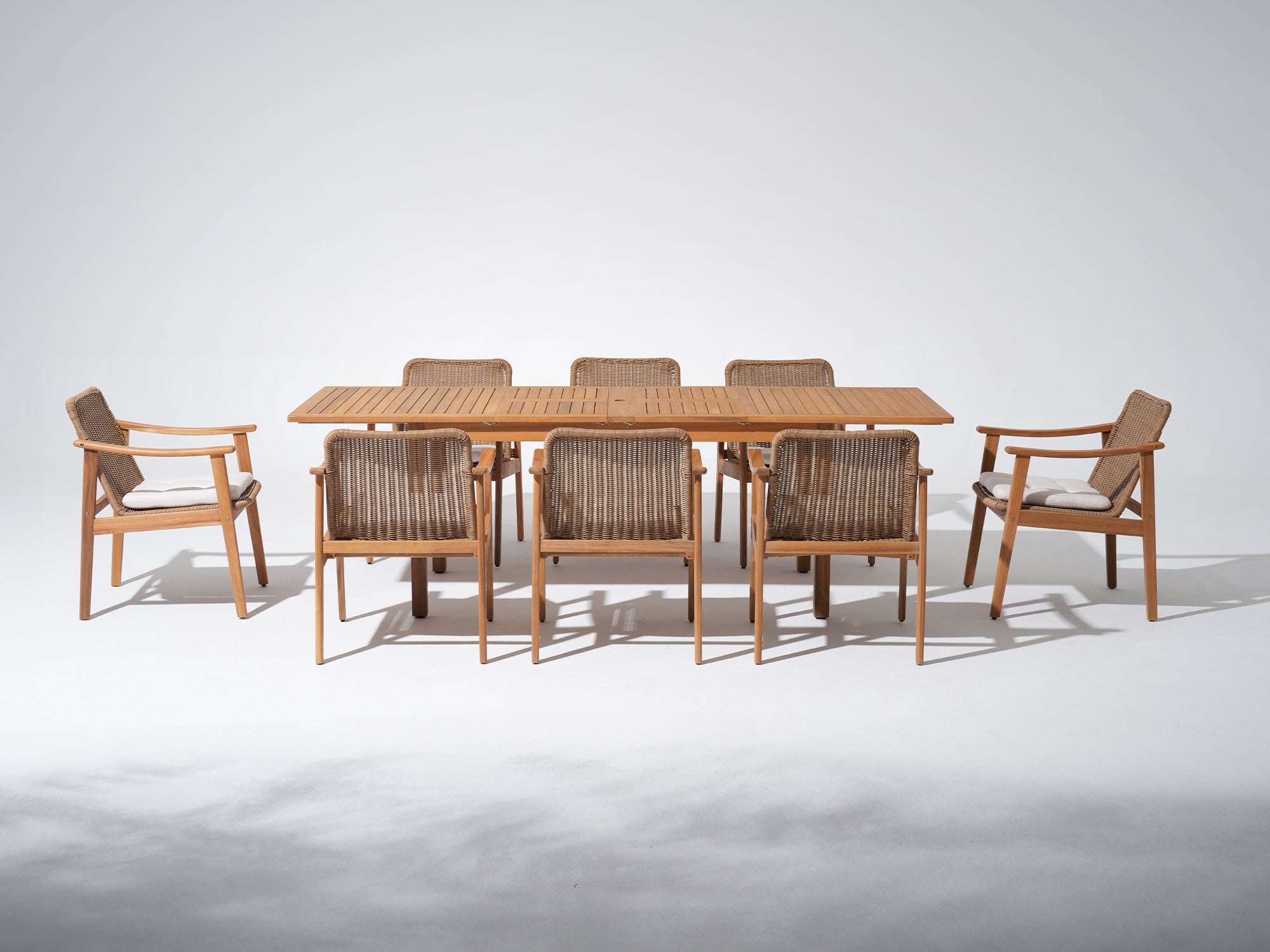 Extendable acacia wood Outdoor Dining Set with Umbrella Hole for 8, Woven textures, 63"- 94" table - Jardina Premium Modern Outdoor Dining Furniture