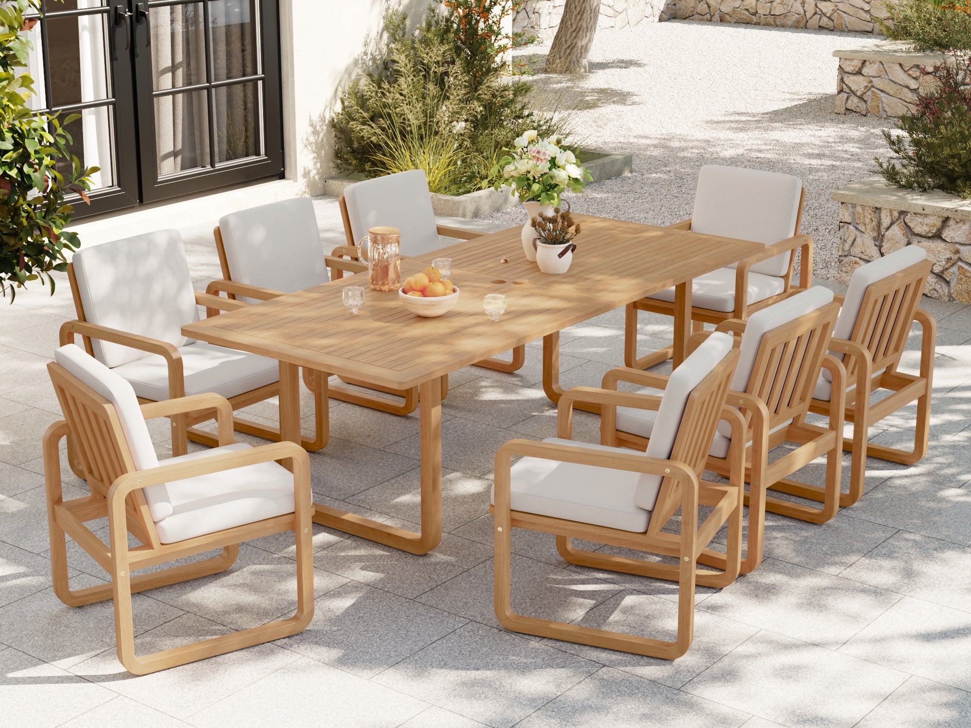 Outdoor patio dining set with a acacia wooden table and chairs for 8 with an umbrella hole - Jardina Premium Modern Outdoor Dining Furniture