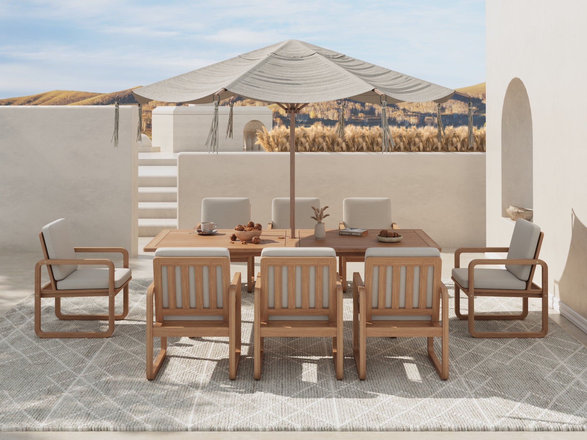 Amaya Wooden Dining Table with Umbrella Hole for 6-8 People, Teak Finish, 90.6"