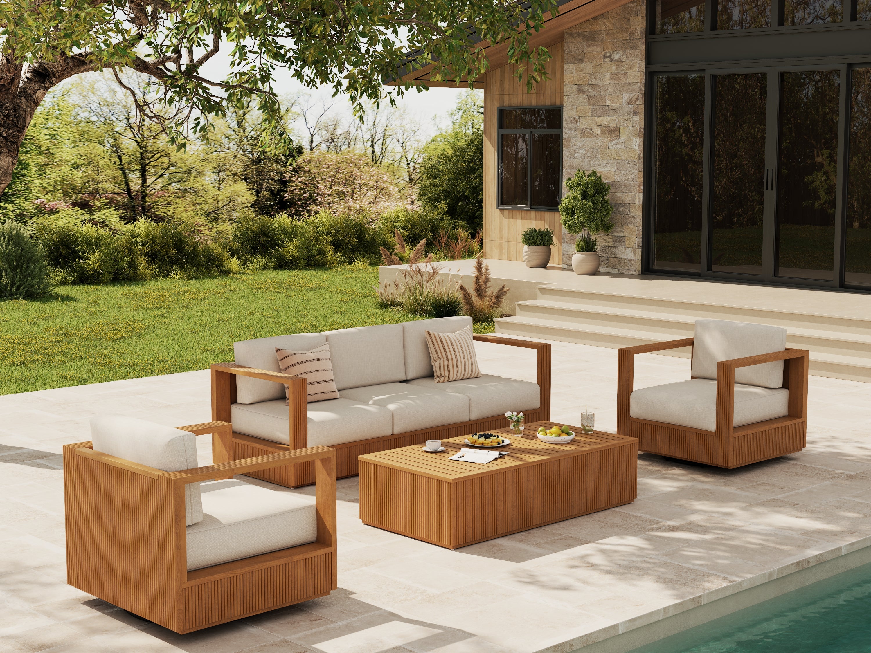 Sintra 5-Seater Teak Sofa Set with Swivel Chairs, Solid Slatted Frame, FSC & Olefin Cushion
