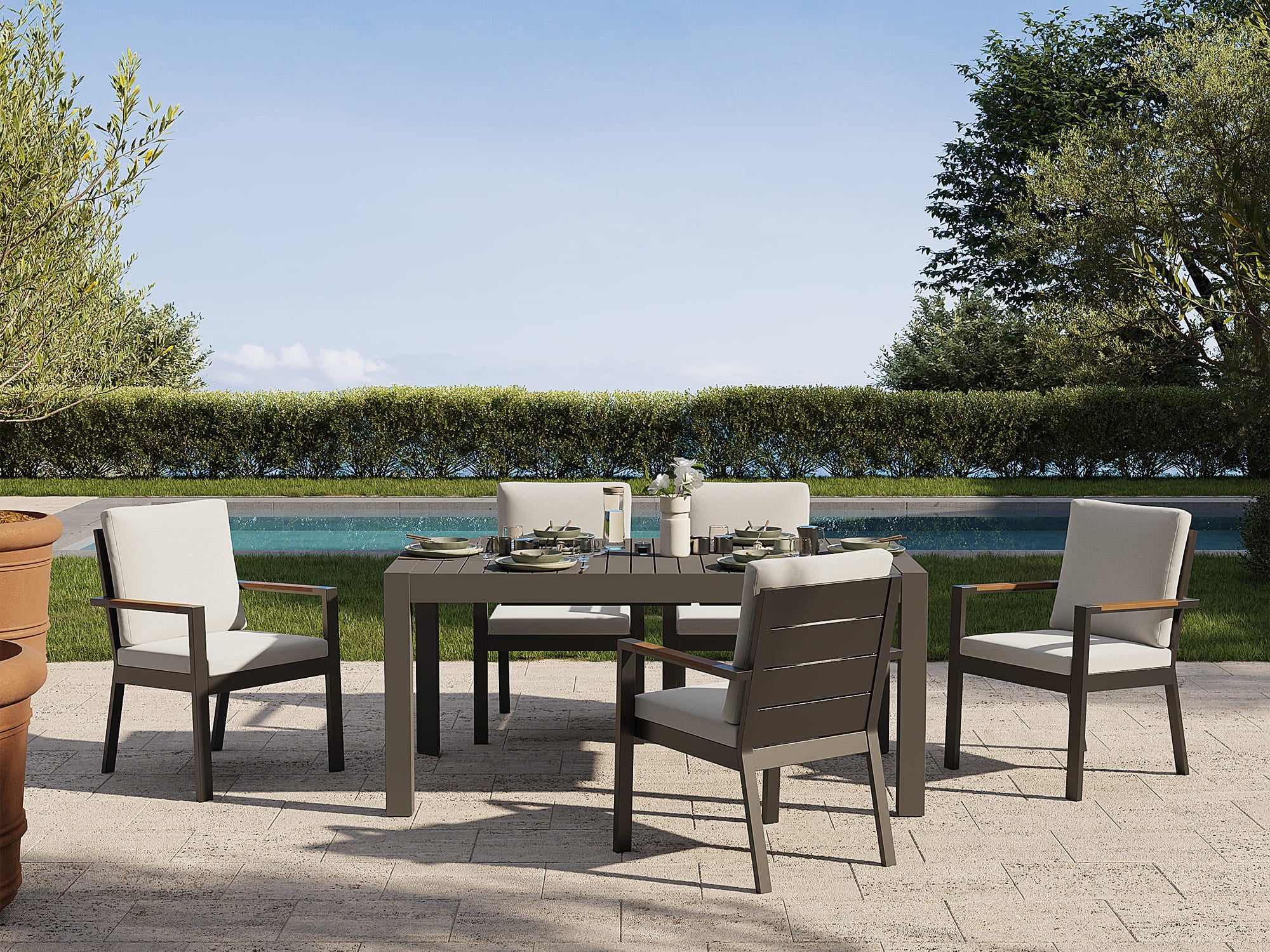 Addison Outdoor Aluminum Dining Set, Dark Grey, Extendable Design, 65"-112"
