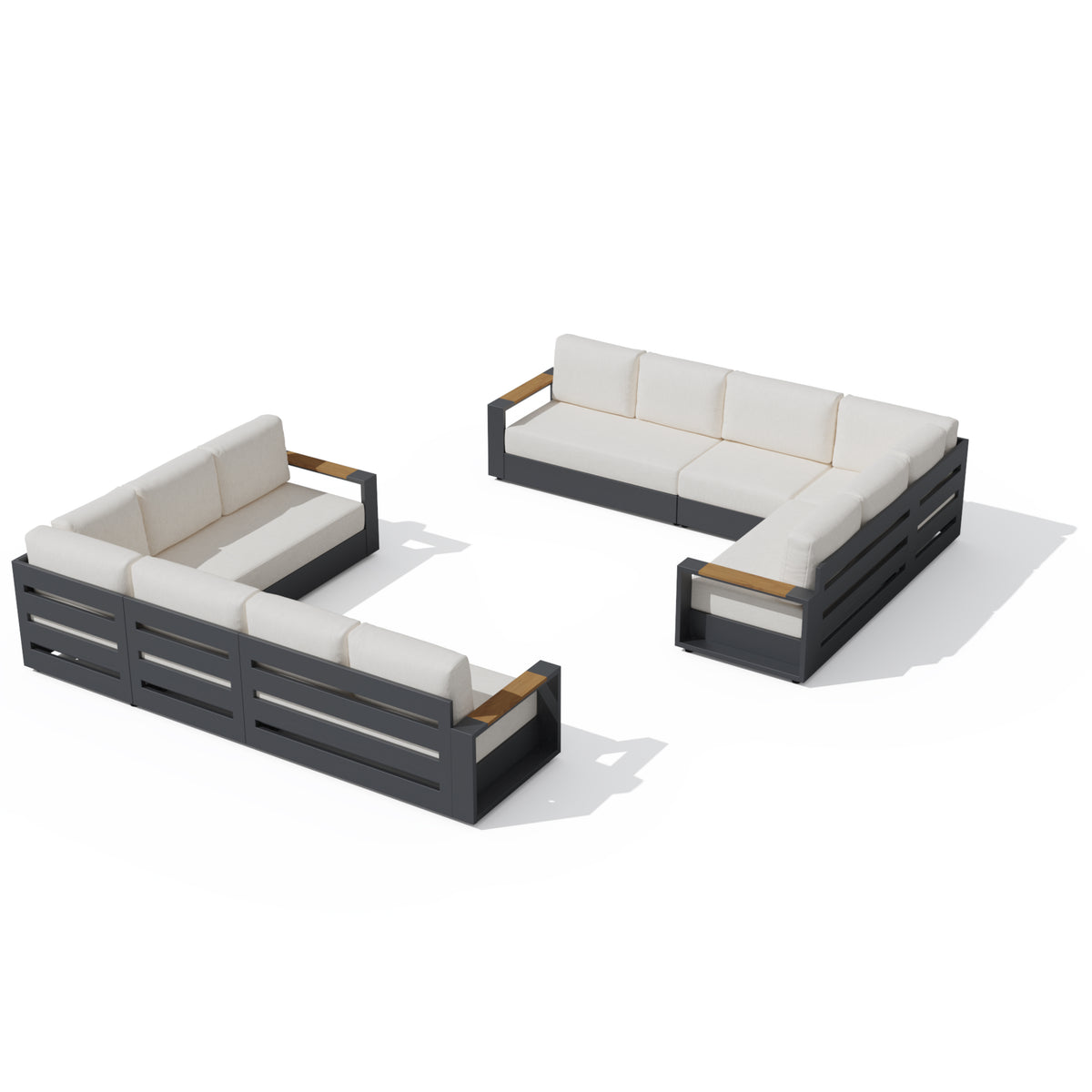 Outdoor sectional sofa set with off-white cushions and dark gray frames, including a three-seat sofa and a modular L-shaped section with wooden arm accents, shown on a white background. #config_12-Seat Symmetrical