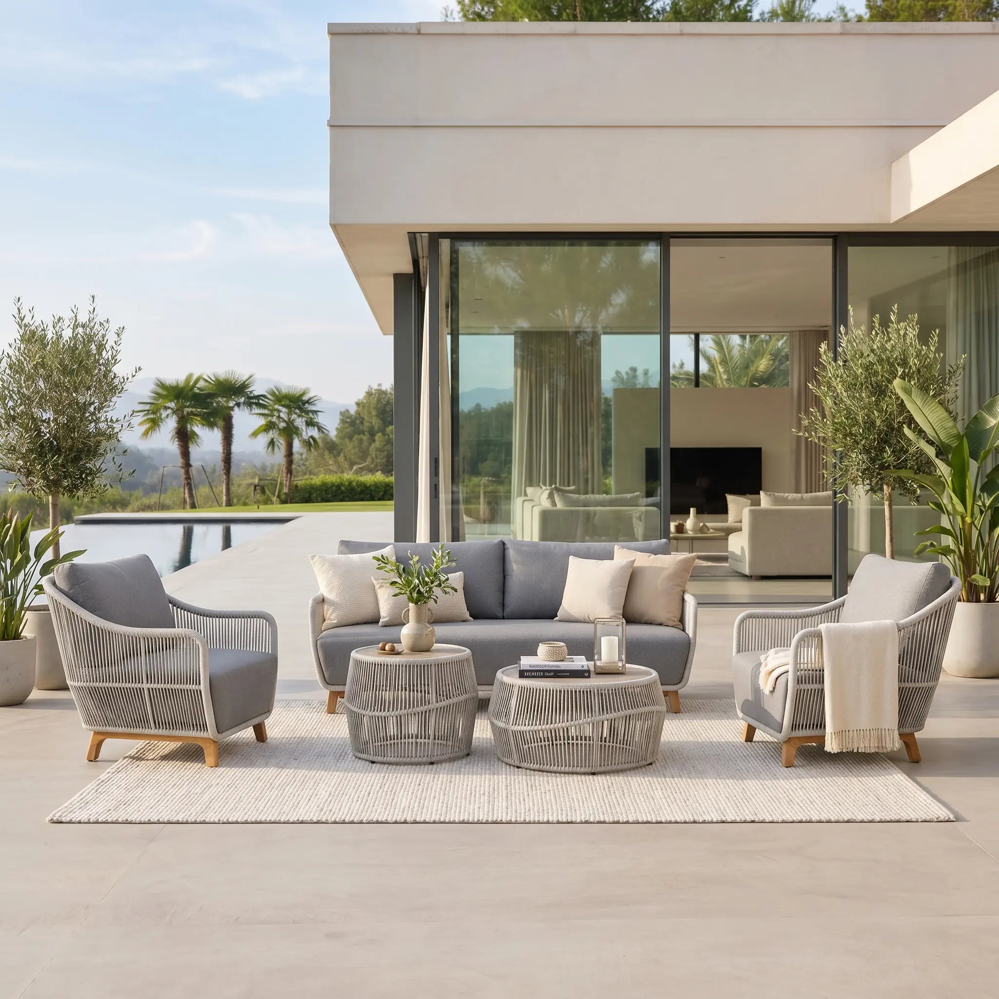 Plena 5-Piece Rope Outdoor Loveseat Set in Teak, Gray