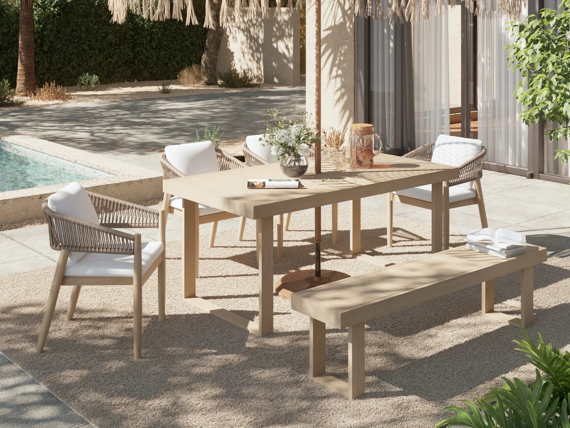 acacia wood Outdoor patio dining furniture set for 6 with table, chairs, and bench - Jardina Premium Modern Outdoor Dining Furniture