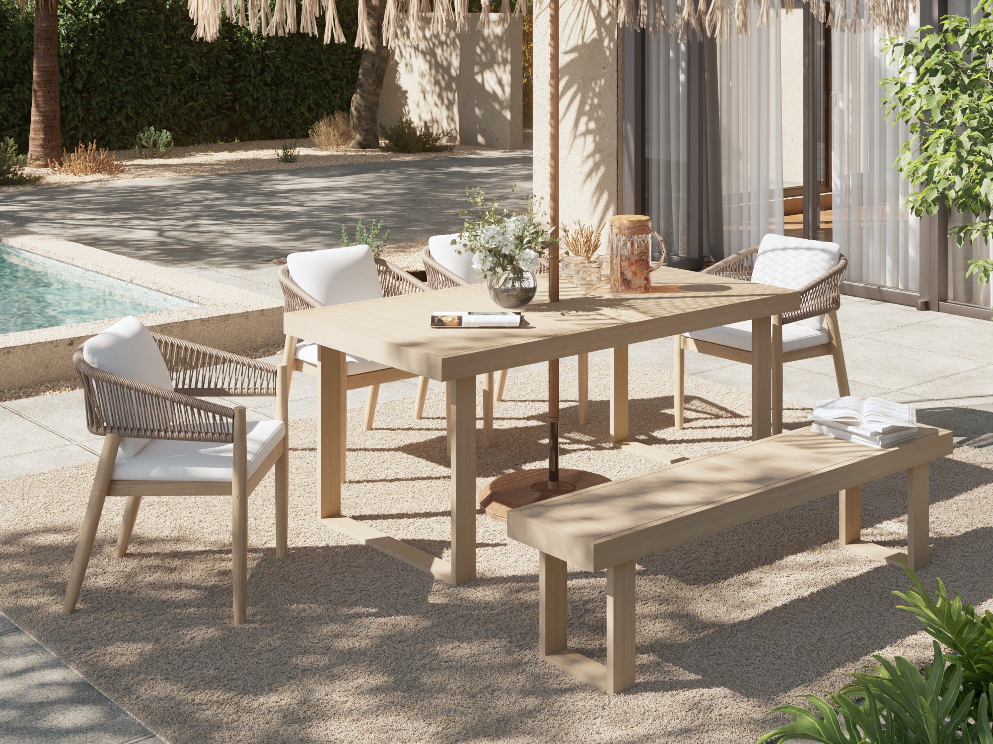 acacia wood Outdoor patio dining furniture set for 6 with table, chairs, and bench - Jardina Premium Modern Outdoor Dining Furniture