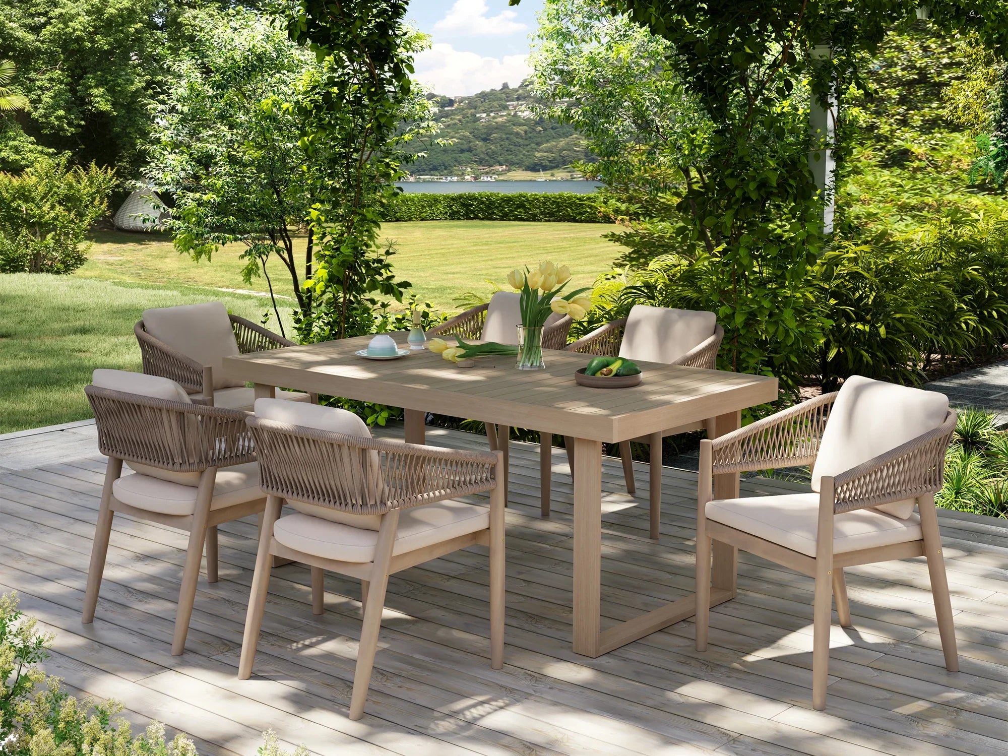 acacia wood Outdoor dining set for 6 with table and chairs on a wooden deck, surrounded by greenery - Jardina Premium Modern Outdoor Dining Furniture