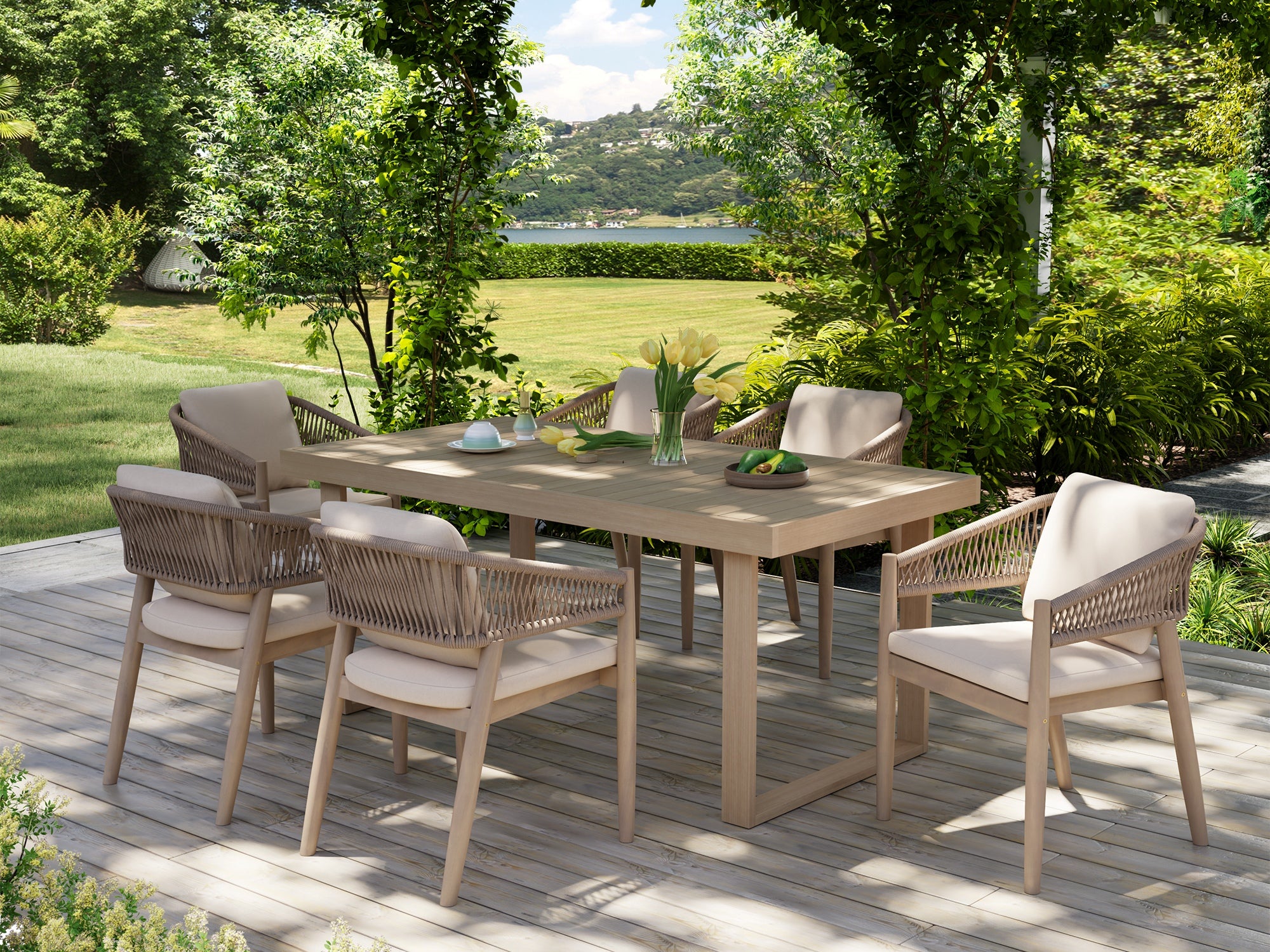 acacia wood Outdoor dining set for 6 with table and chairs on a wooden deck, surrounded by greenery - Jardina Premium Modern Outdoor Dining Furniture