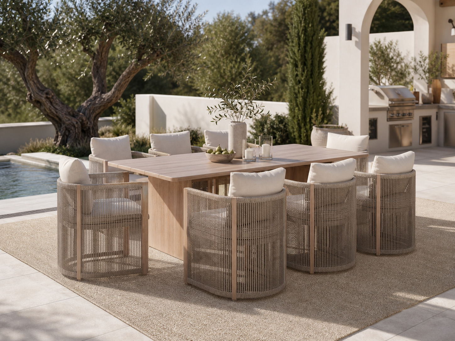 Irati Aluminum Outdoor Dining Set for 6-8 Seats, Light Beige, Rope Design, 86.6" Table