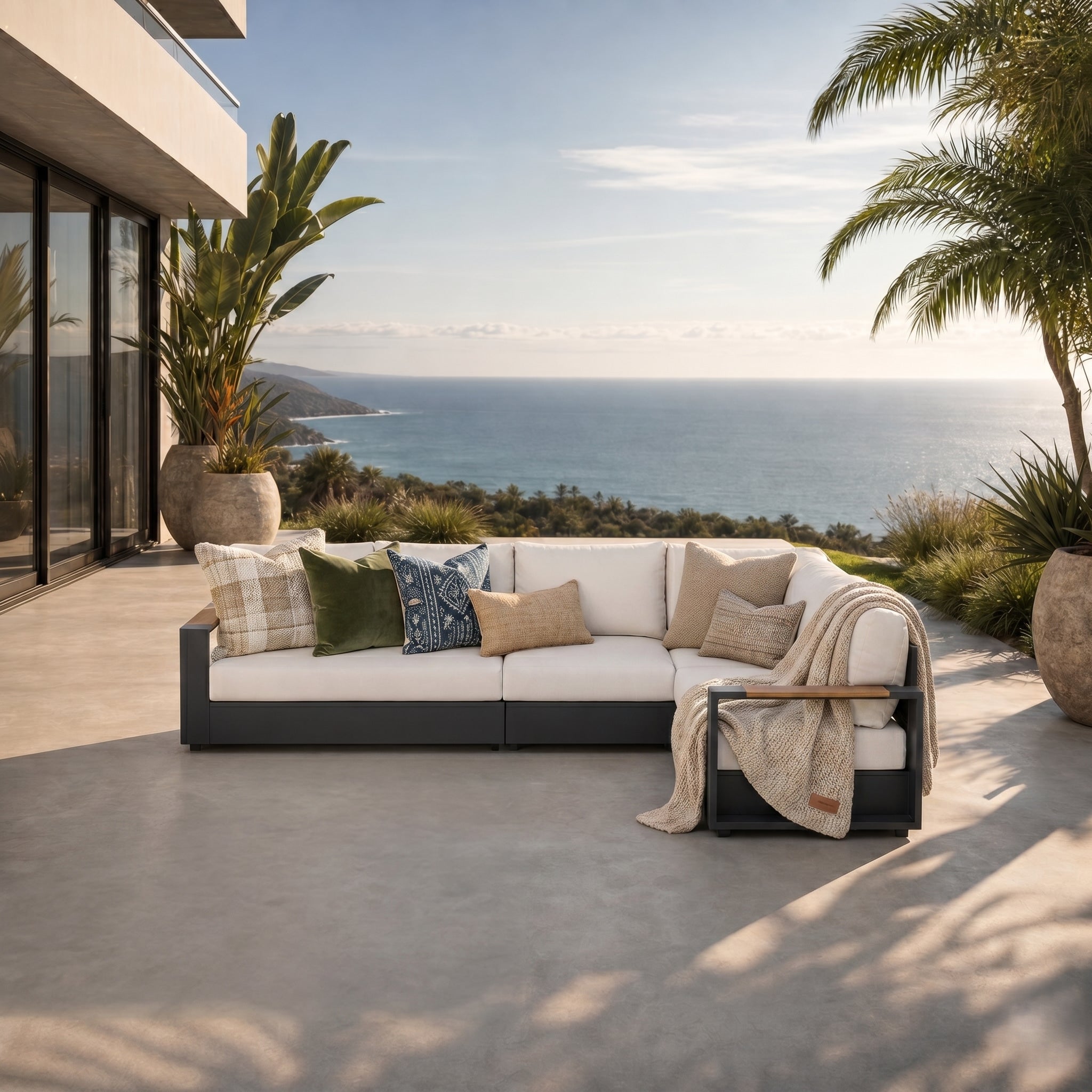 Addison Modular Outdoor Sectional Sofa Set, Dark Grey Aluminum & Creamy White Cushions- Jardina Premium Modern Outdoor Patio Furniture Sets