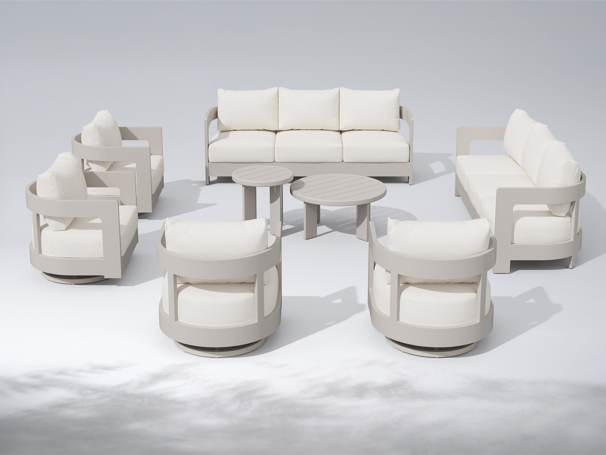 Sova Modern Aluminum Patio Conversation Set with Swivel Chairs, Mixed Tables, Light Beige Cushions