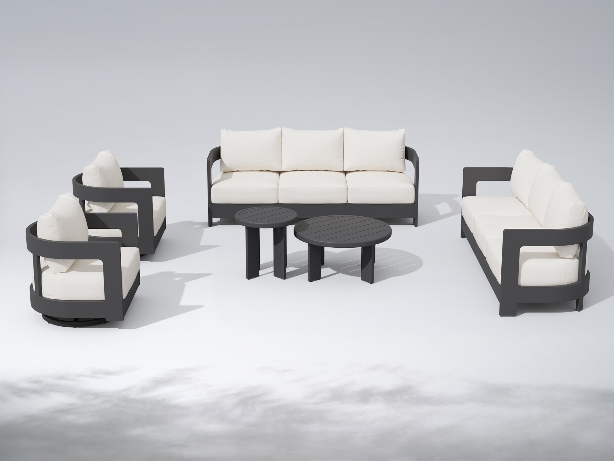 Sova Modern Charcoal Aluminum Outdoor Conversation Set with Swivel Chairs, White Sunbrella® Cushions