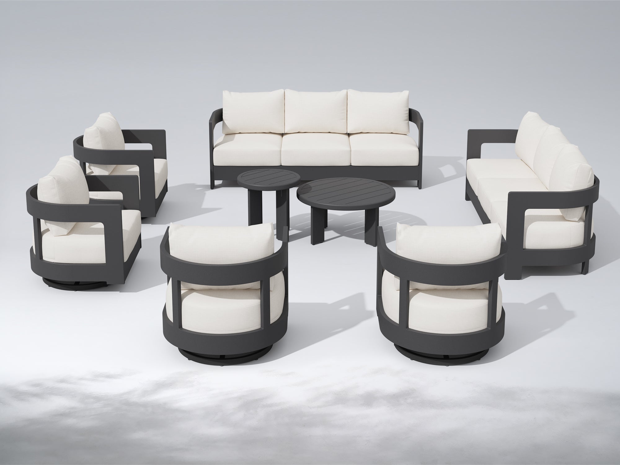 Sova Modern Charcoal Aluminum Outdoor Conversation Set with Swivel Chairs, White Sunbrella® Cushions