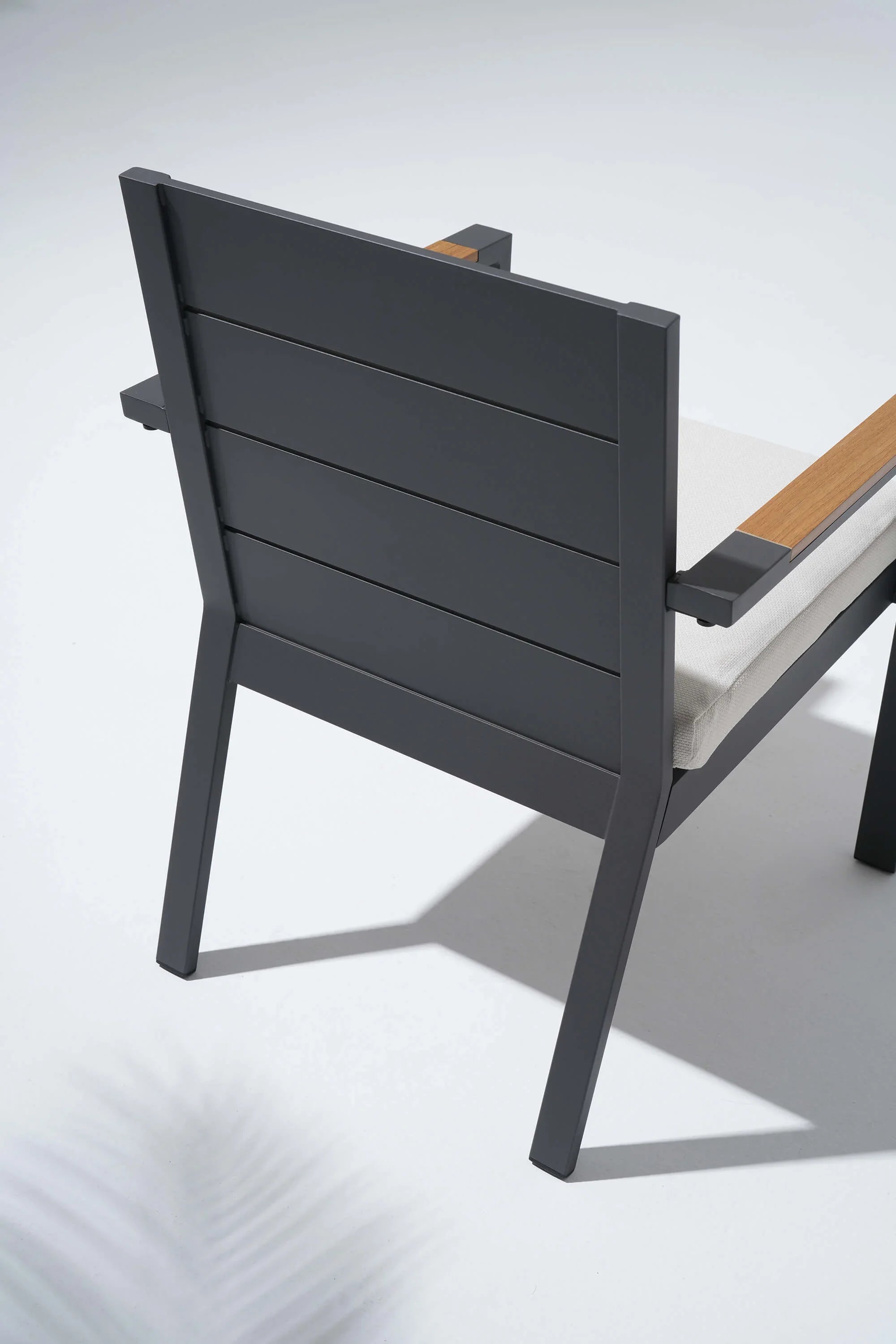 Gray outdoor chair with wooden seat
