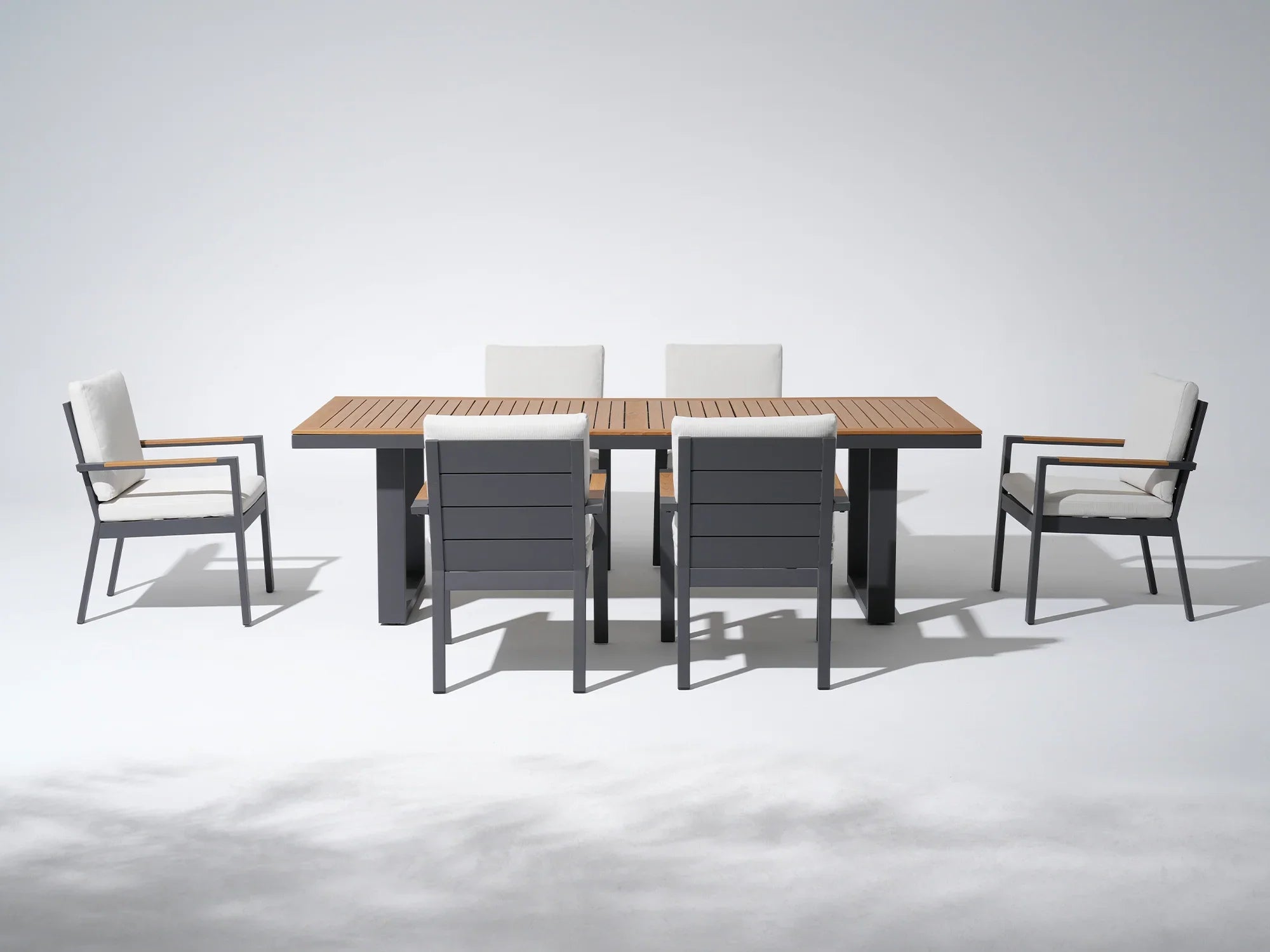 rectangular gray aluminum patio dining set for 6 person with wooden tabletop design - Jardina Premium Modern Outdoor Dining Furniture#Style_6 Chairs + 1 Table