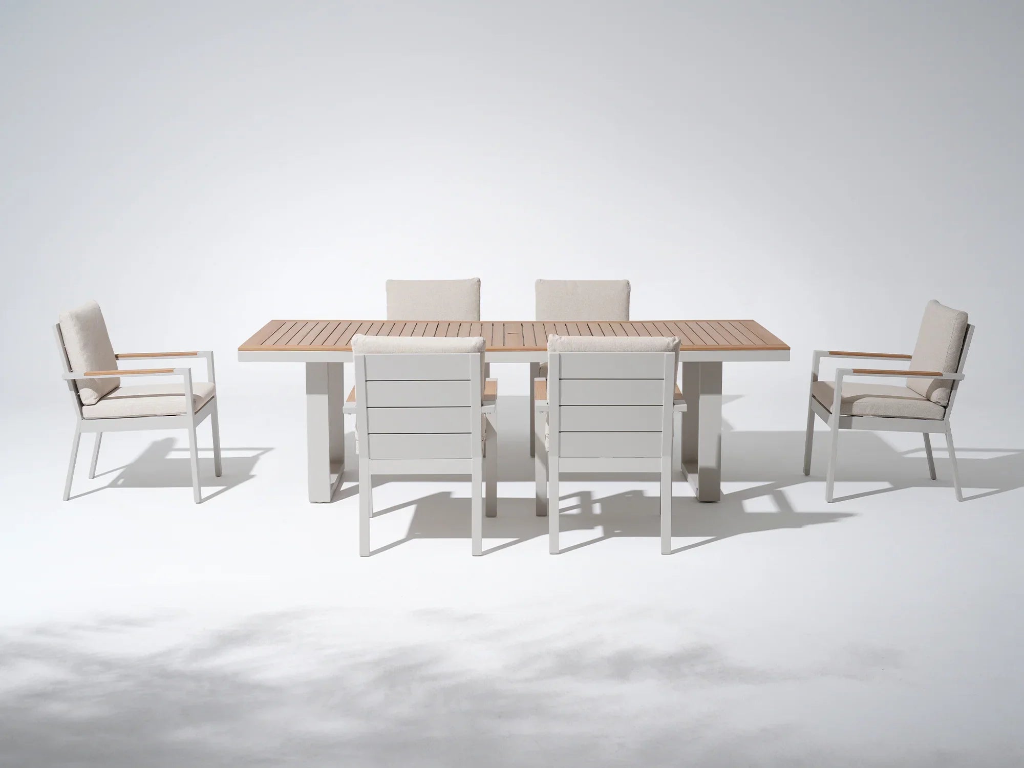 white aluminum outdoor dining set for 6 people with wood tabletop, beige cushions - Jardina Premium Modern Outdoor Dining Furniture#Style_6 Chairs + 1 Table