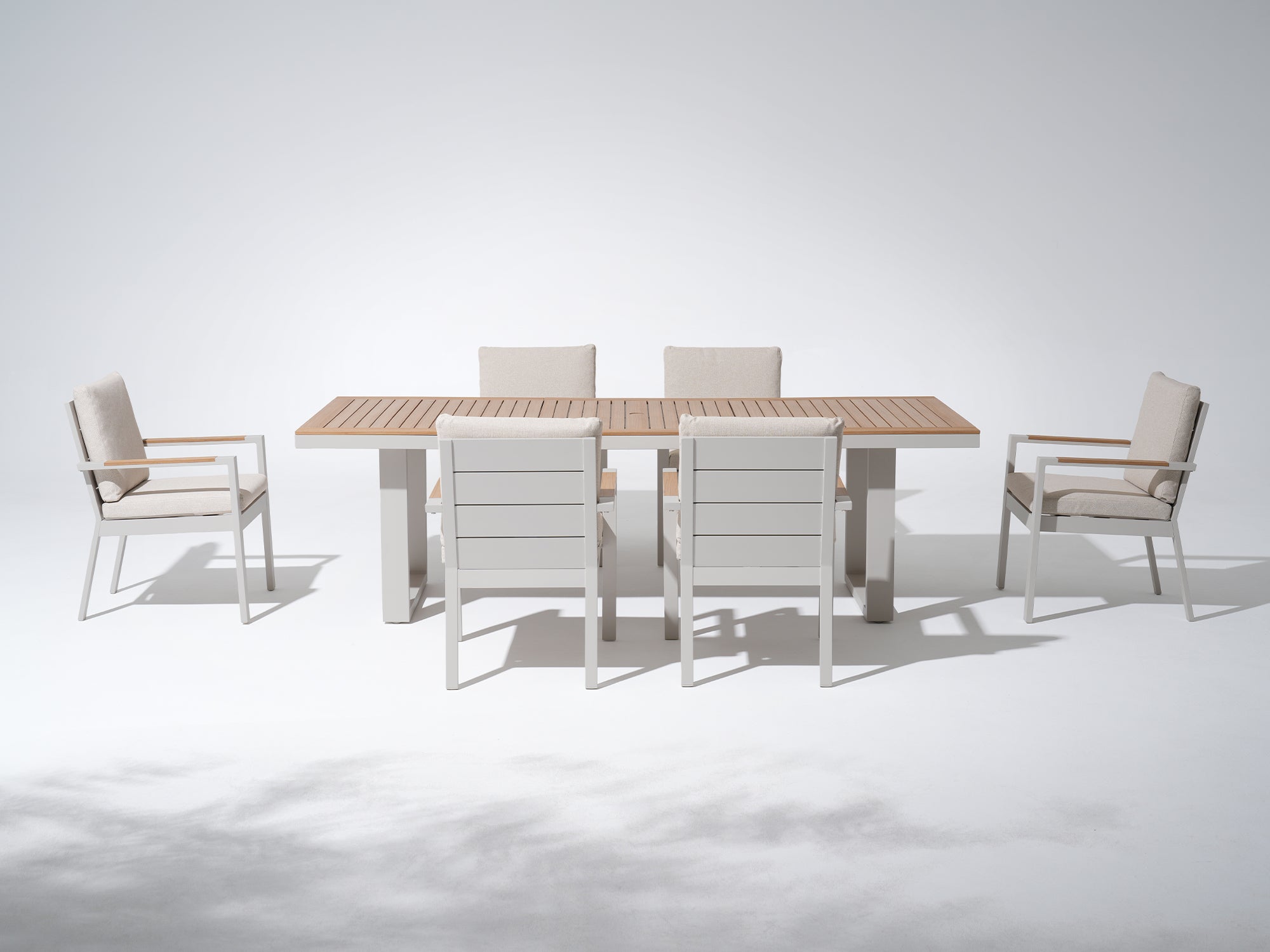 white aluminum outdoor dining set for 6 people with wood tabletop, beige cushions - Jardina Premium Modern Outdoor Dining Furniture#Style_6 Chairs + 1 Table